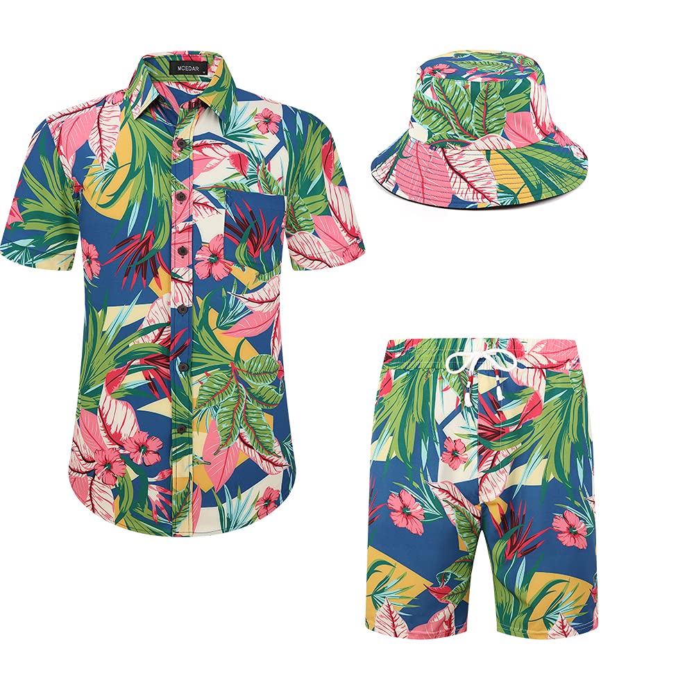 MCEDAR Men's Hawaiian Shirt and Shorts 2-Piece Set - Tropical Floral Beach Vacation Outfit with Bucket Hat | Casual Button Down Shirt & Matching Shorts for Summer, Pool Party, and Island Getaways