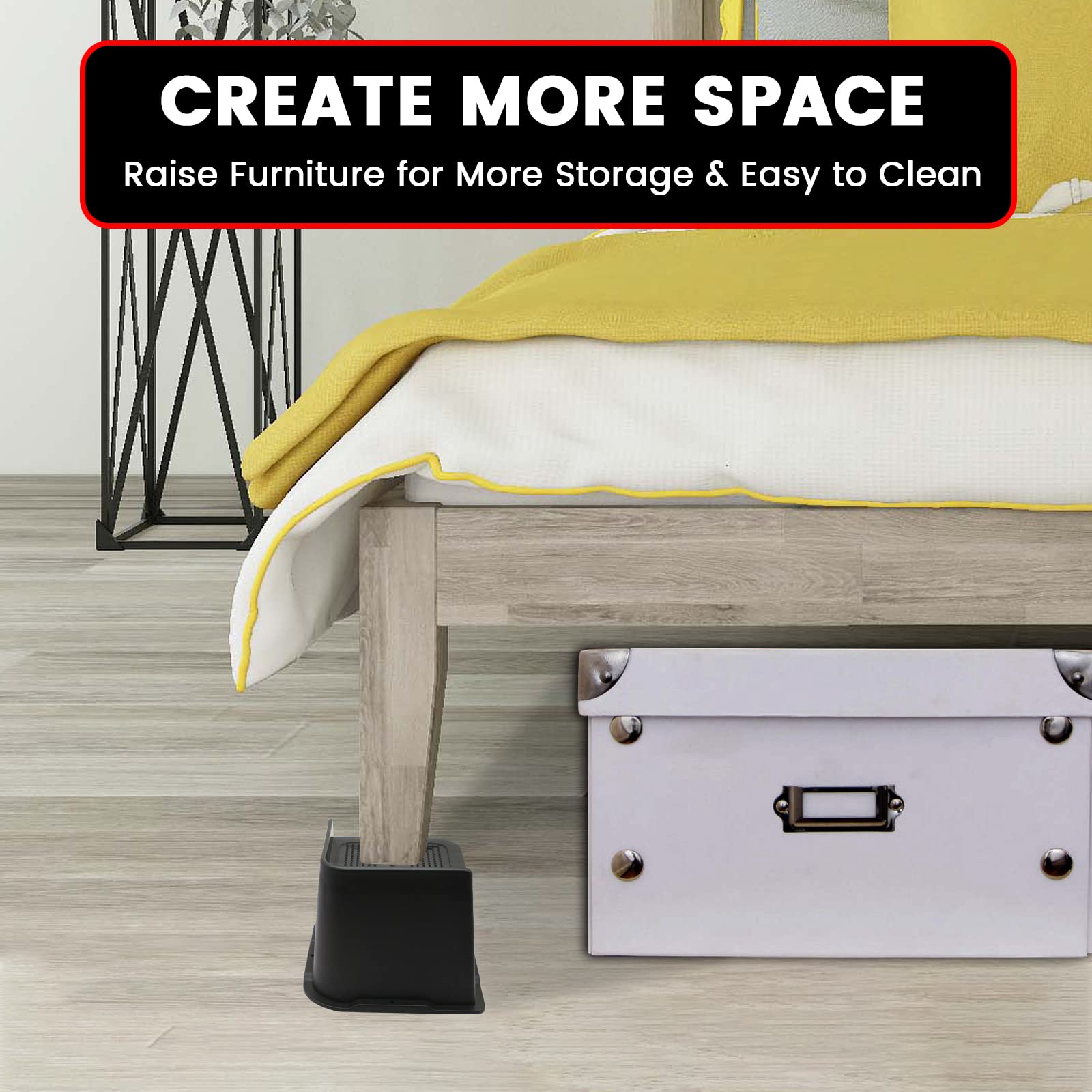 Heavy Duty Bed Risers 4 Pack - 4 Inch Furniture Risers for Couch, Sofa, Table & Chair - Supports Up to 6000 lbs - Extra Sturdy Oversized Lift - Perfect for Dorm Rooms, Home Office & Bedroom Furniture (Black)