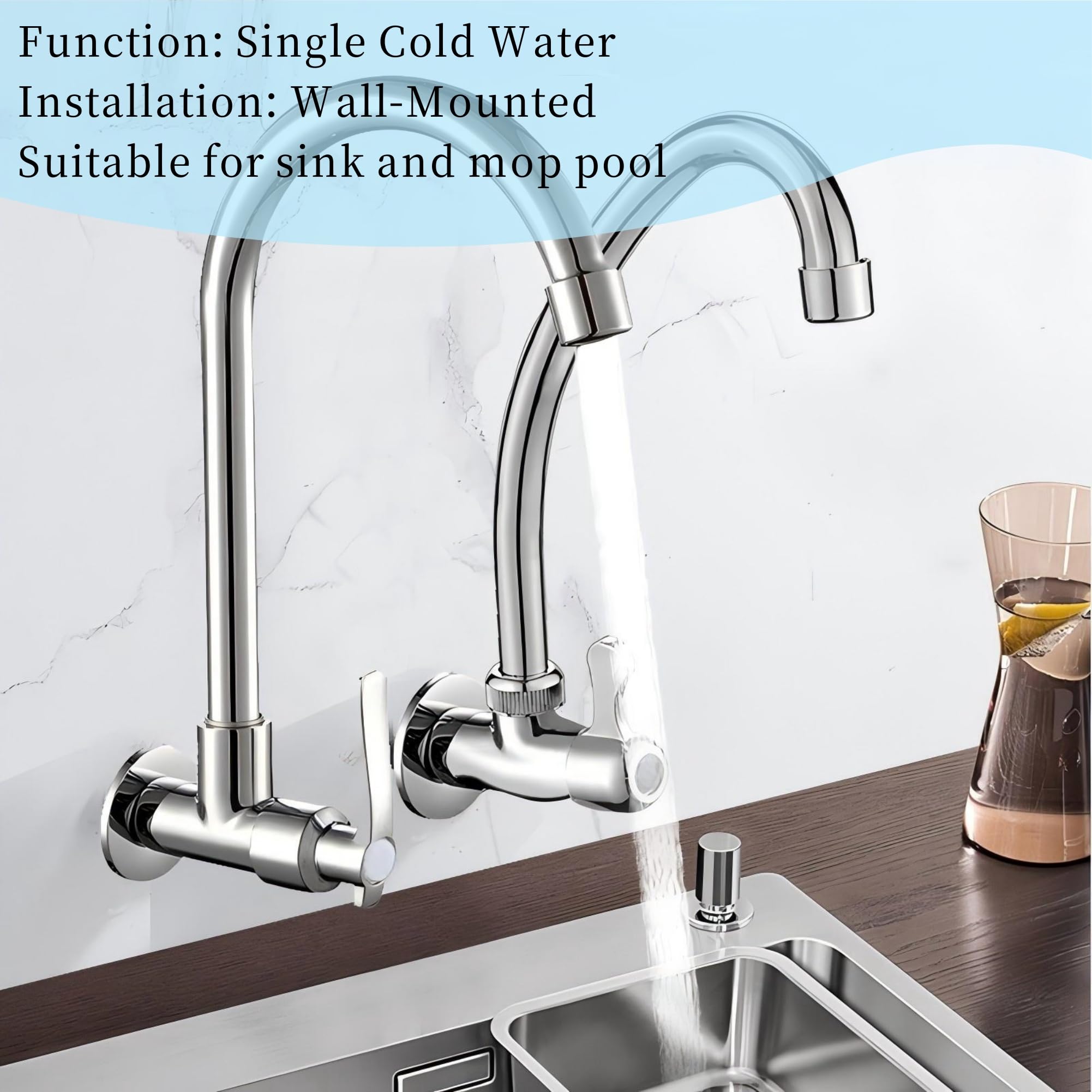 AUNMAS Wall-Mounted Kitchen Faucet - 360° Rotatable Single Lever Cold Water Tap with G1/2 Inch Connection, Copper Outlet (Silver) - Perfect for Small Kitchens, RVs, and Outdoor Sinks