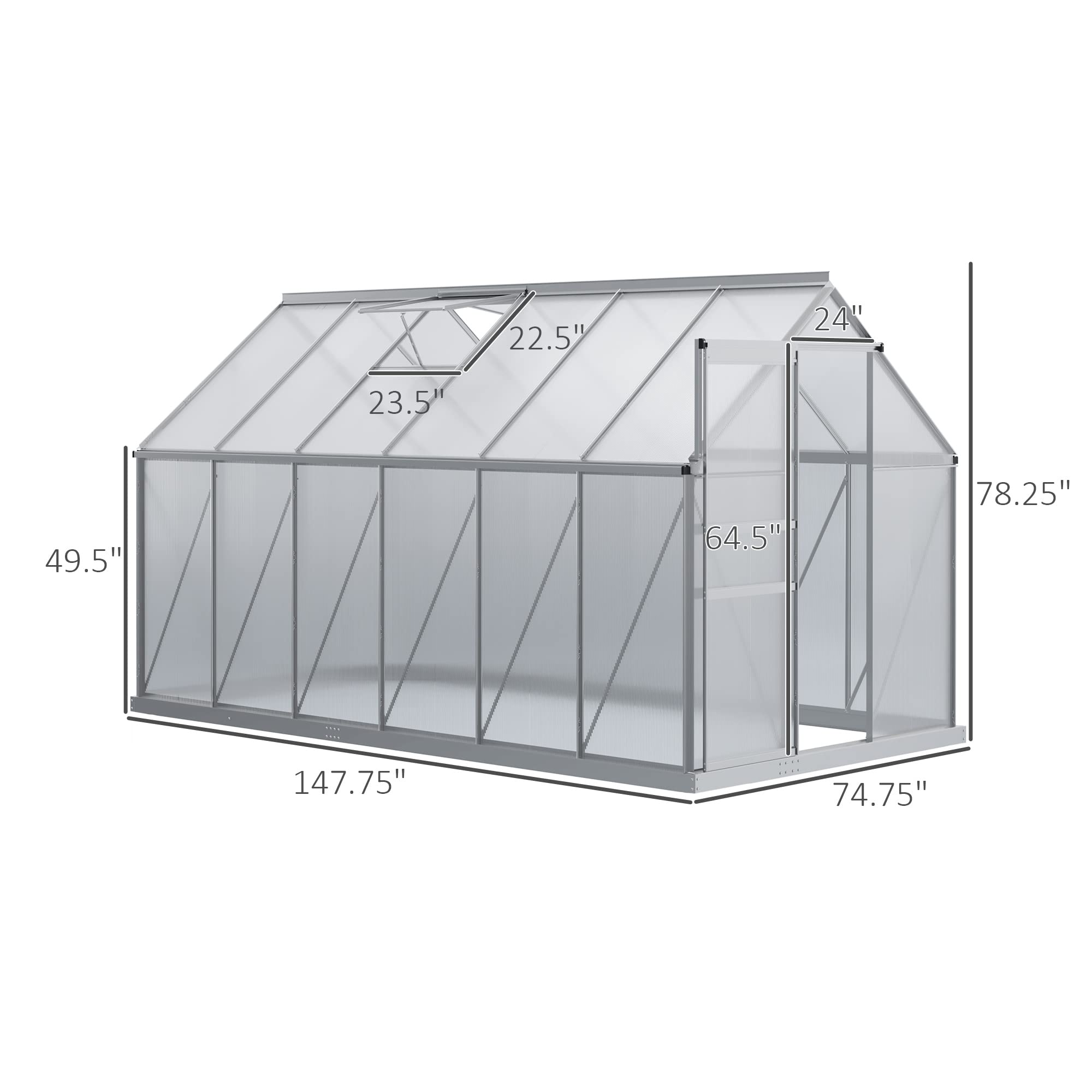 Outsunny 12' x 6' x 6.5' Polycarbonate Walk-in Greenhouse with Aluminum Frame - Heavy Duty Adjustable Roof Vent, Rain Gutter & Sliding Door - Winter Gardening, Plant Protection & Backyard Growing Solution