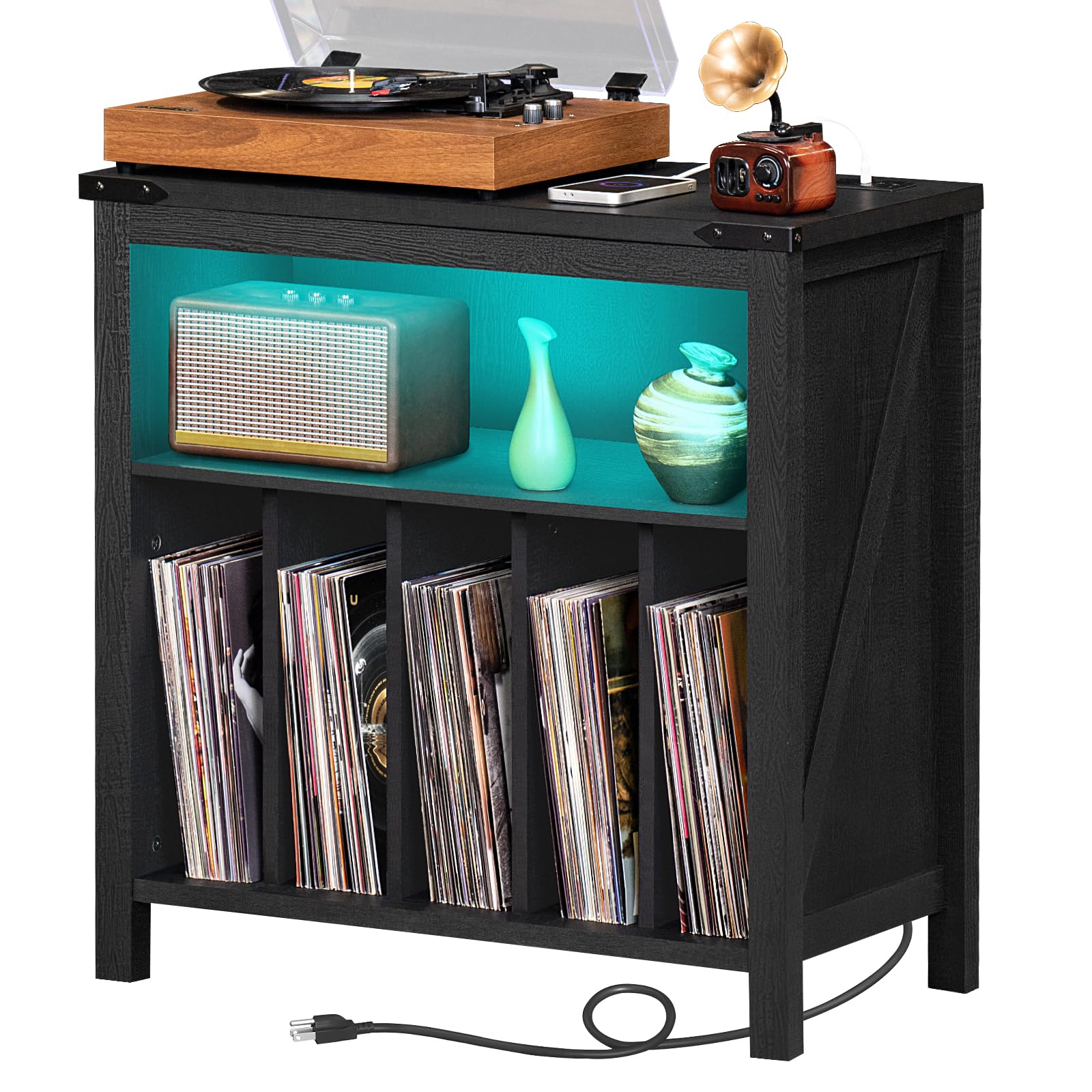 Large Vinyl Record Player Stand with USB Charging Station & LED Lights - Holds 230+ Albums, Turntable Storage Holder with Display Shelf - Perfect for Music Room, Bedroom, Living Room DJ Setup & Vinyl Collection Display