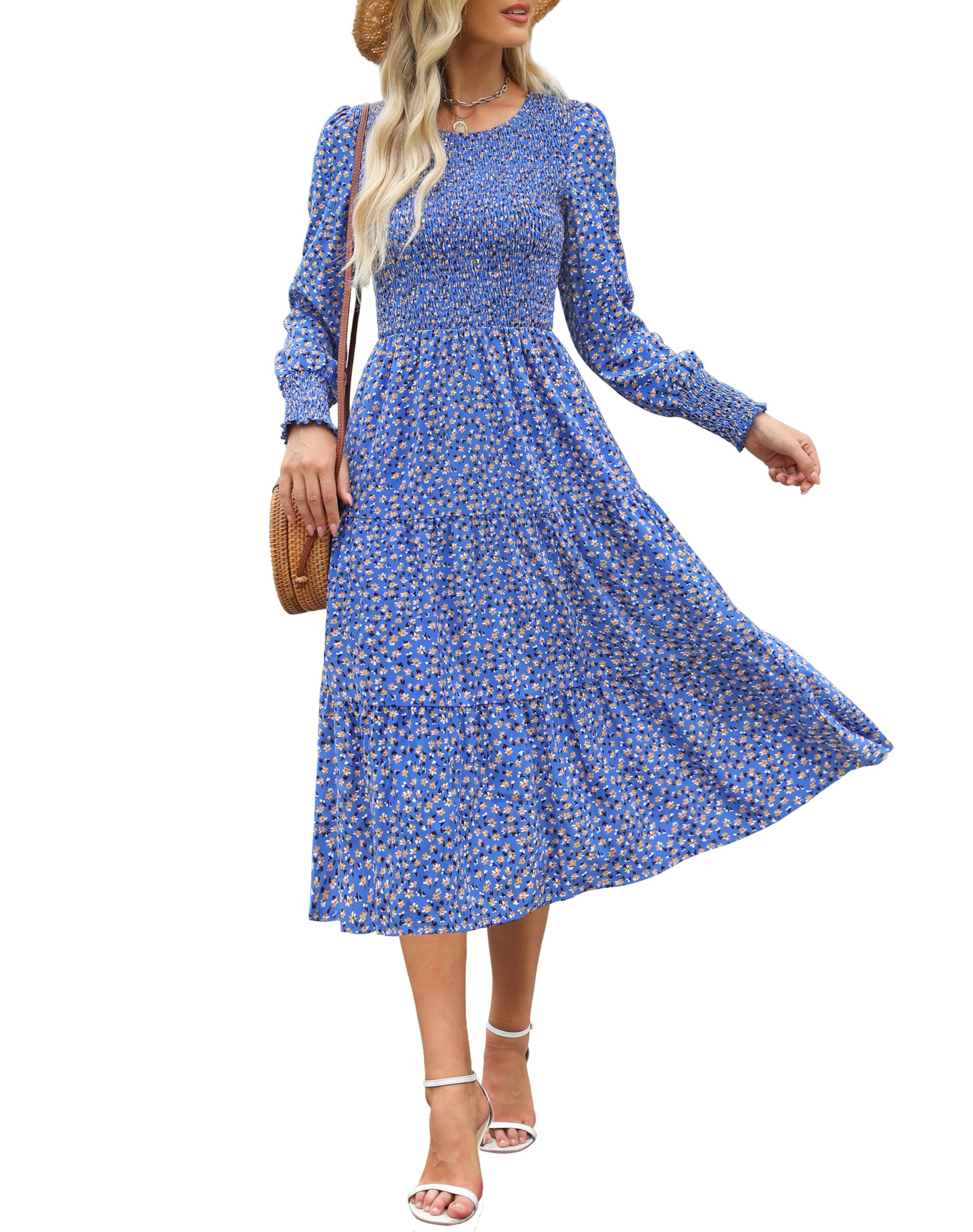 Zattcas Women's Fall Dresses 2025 - Long Sleeve Boho Floral Midi Dress with Smocked Waist & Pockets | Casual Wedding Guest Outfit for Autumn Parties, Date Nights & Office Wear