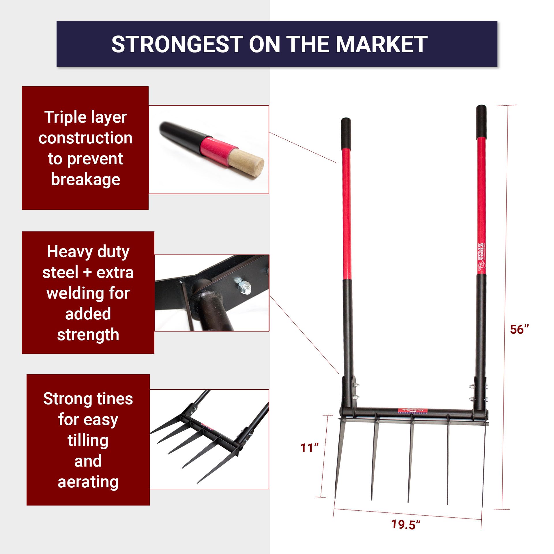 Bully Tools 92627 Heavy Duty Broad Fork with Fiberglass Handle - Perfect for Gardening, Composting, and Soil Aeration
