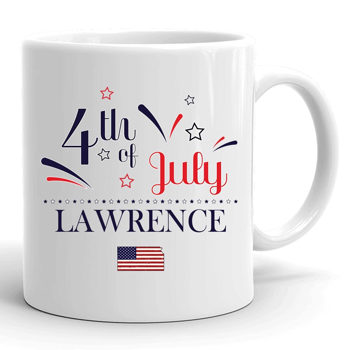 Personalized 11oz Coffee Mug with USA Flag - Custom Independence Day Cup for Lawrence Kansas - Happy 4th of July Gift - White Ceramic Travel Mug for Office, Home & Patriotic Celebrations