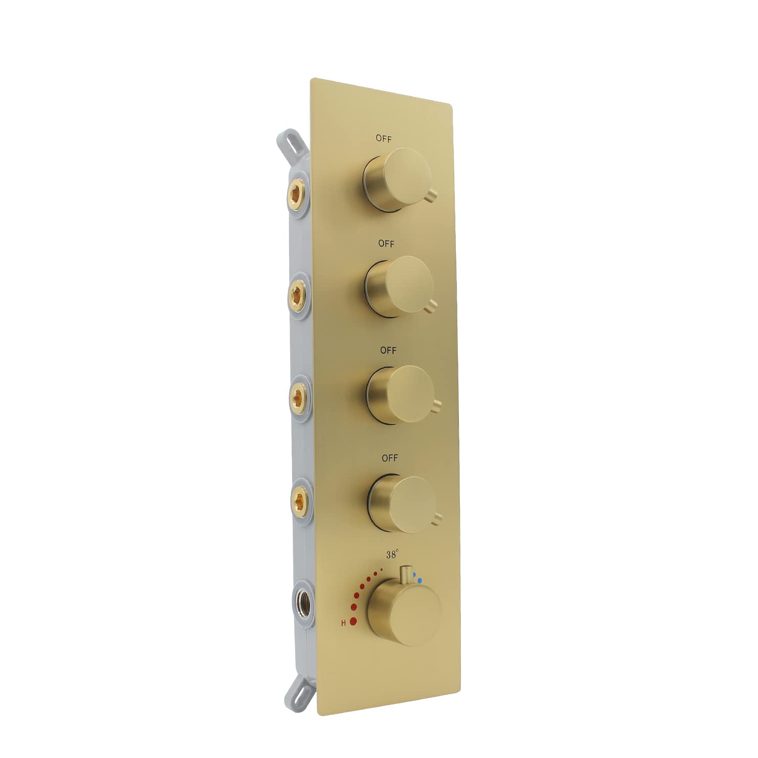 4-Way Thermostatic Shower Valve - Concealed 4-Outlet Shower Diverter Mixing Valve with Flow Control - Brushed Gold Finish - Perfect for Modern Bathroom Shower Systems (Can Run Multiple Outlets Simultaneously) - Ideal for Spa-Like Showers, Rainfall Showers & Multi-Head Bathroom Setups