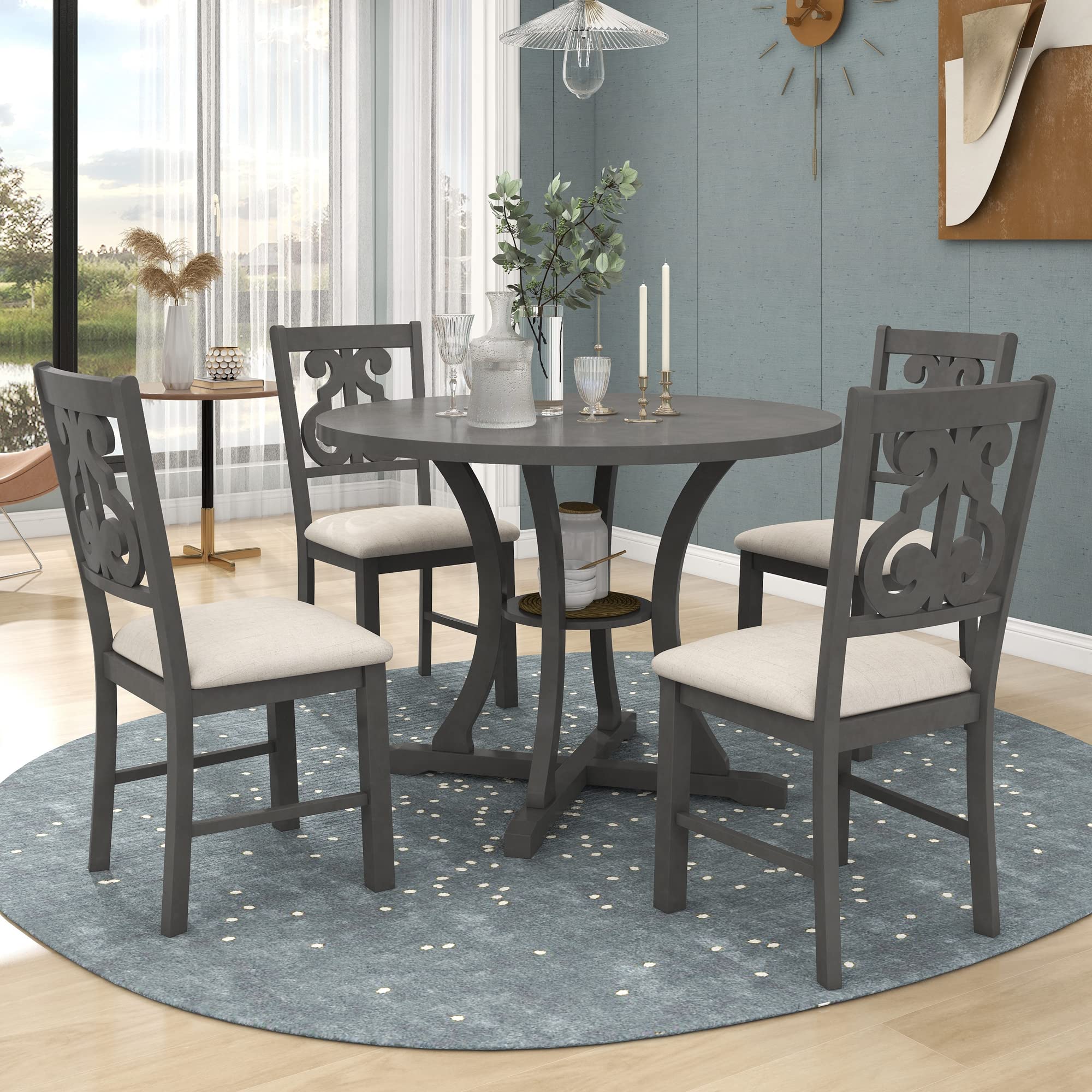 TYMMC 5-Piece Round Dining Table Set with Unique Legs & Hollow Chair Backs - Stylish Gray for Modern Dining Rooms & Compact Spaces