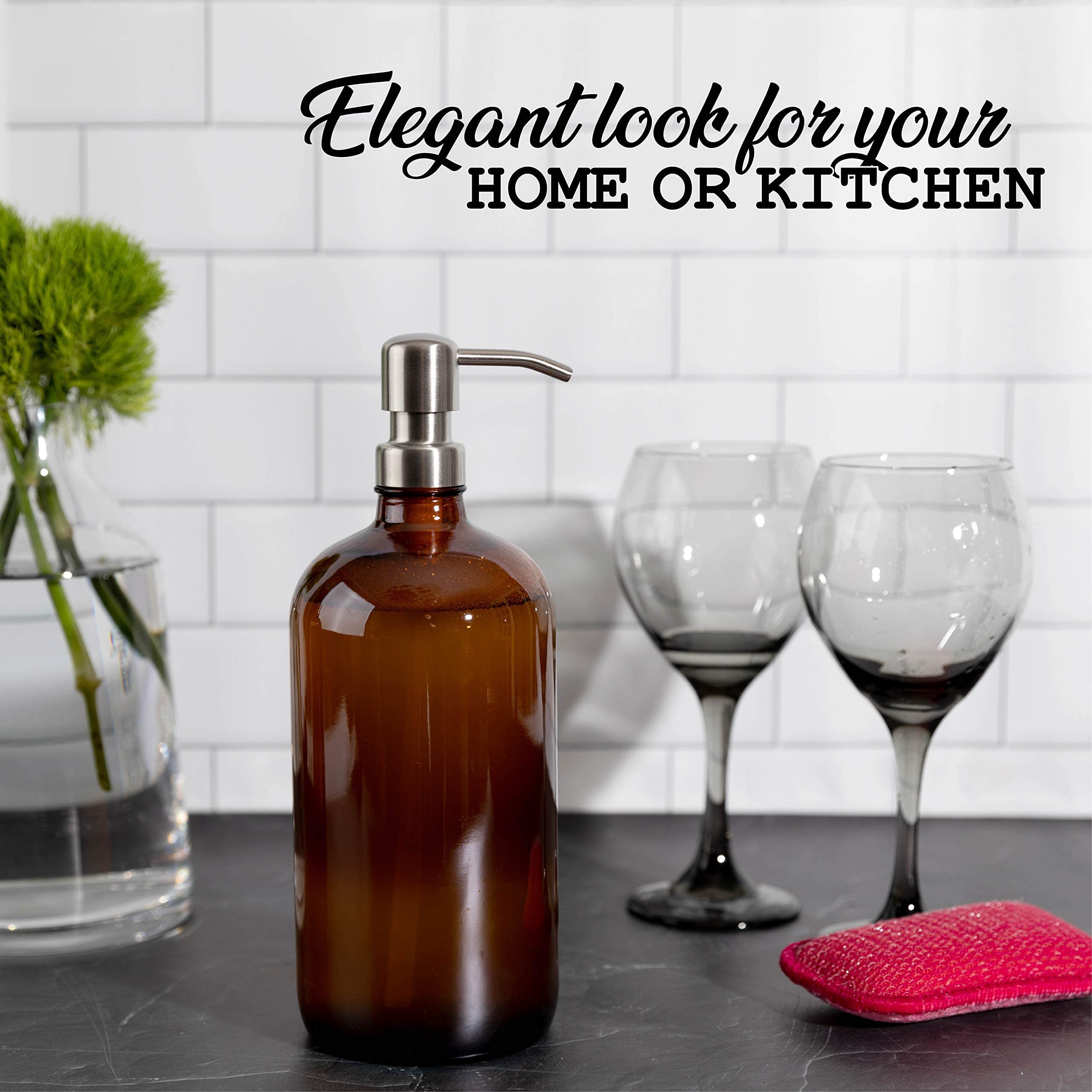 Kitchentoolz 32oz Amber Pump Bottle - Large Refillable Soap & Shampoo Dispenser for Bathroom, Kitchen & Salon Use