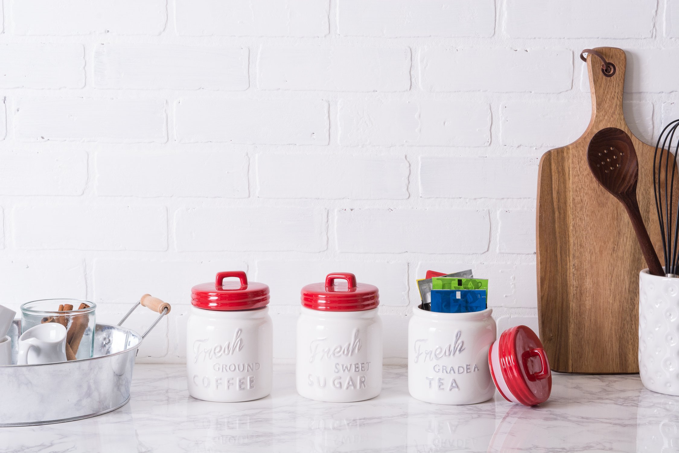 DII Ceramic Canister Set for Kitchen Storage - 3-Piece Airtight Food Containers with Lids, Red - Perfect for Pantry Organization, Coffee, Tea, Sugar & Flour Storage