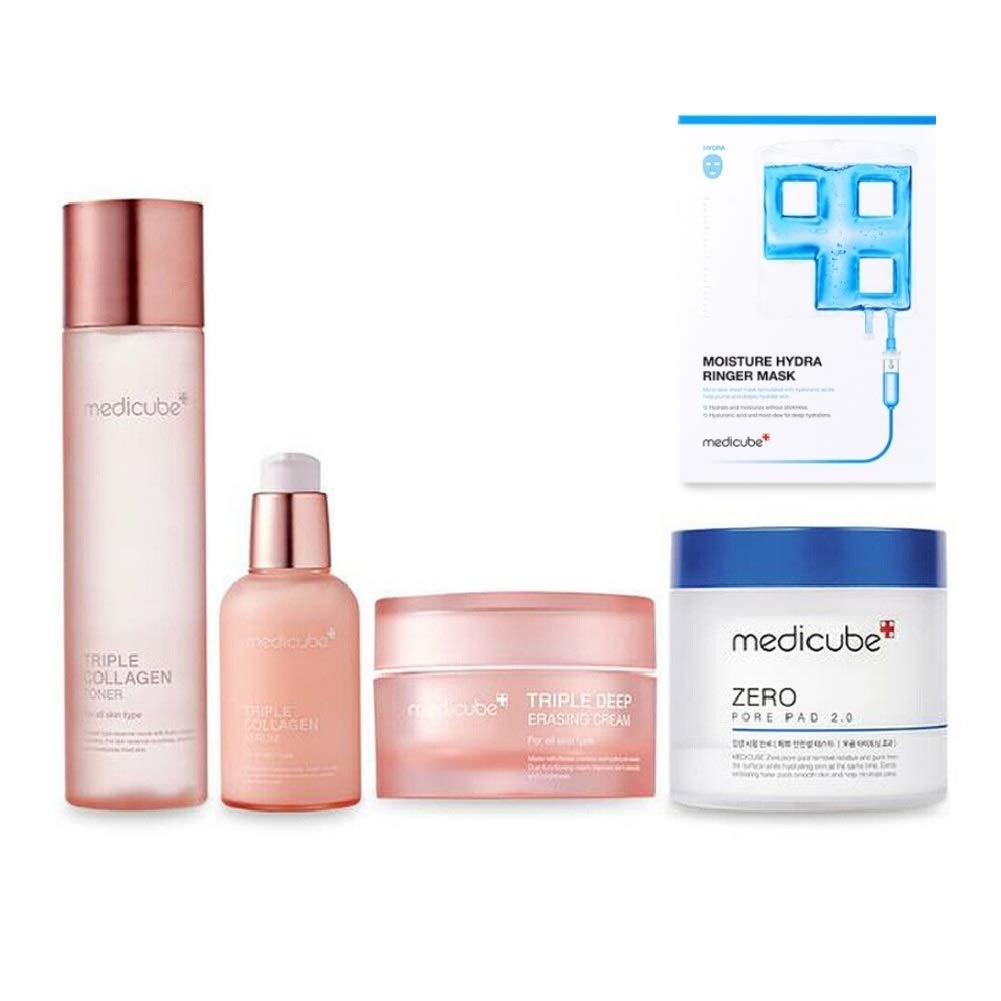 Medicube Triple Collagen Booster 4-Piece Set - Toner, Serum, Cream & Pore Pads | Korean Skincare for Hydration & Anti-Aging | Perfect for Daily Routine & Night Care