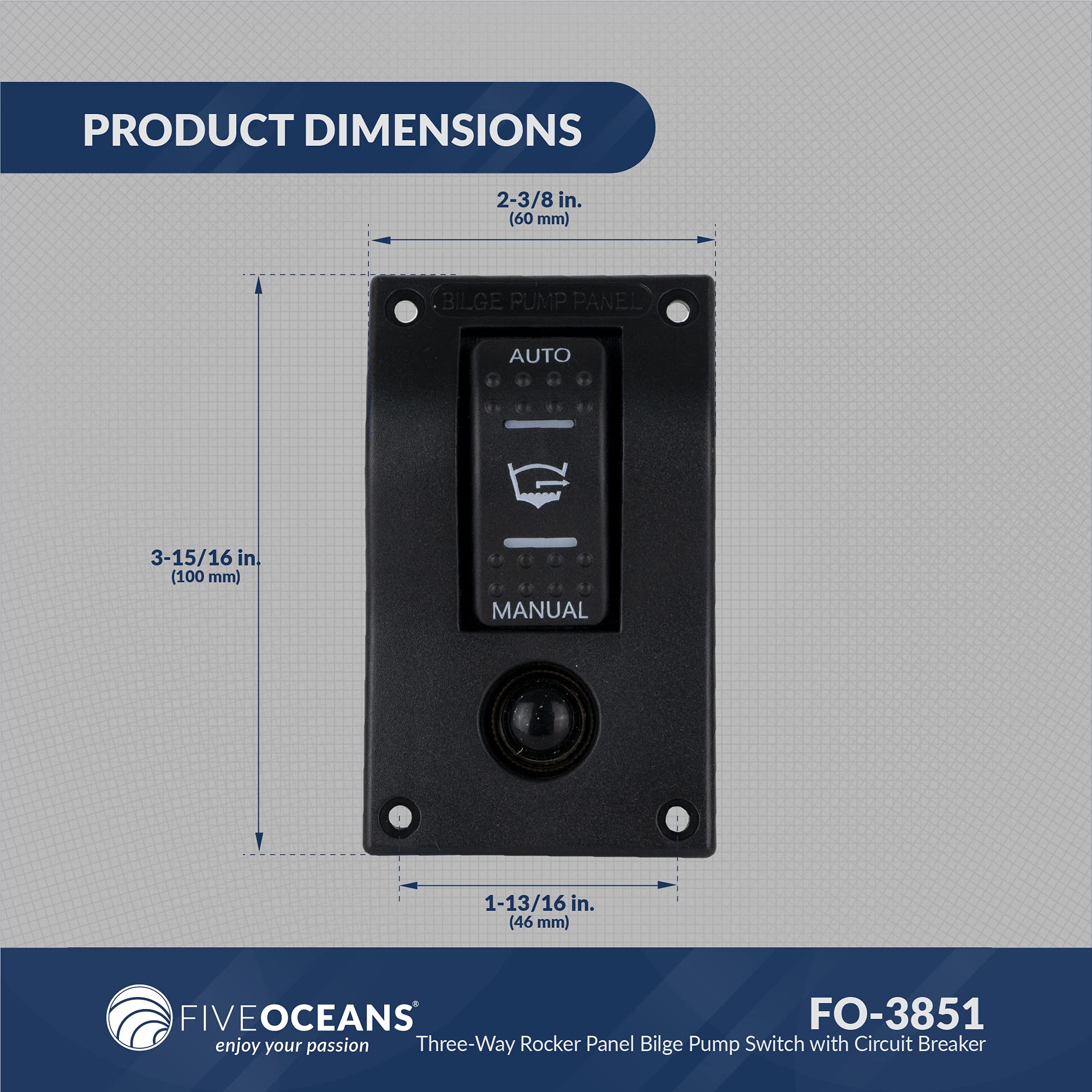 Five Oceans 3-Way Rocker Bilge Pump Switch 12V with LED Light Indicator & Circuit Breaker - FO3851 | Manual/Automatic Bilge Pump Control Panel Switch for Boats, Yachts & Marine Applications