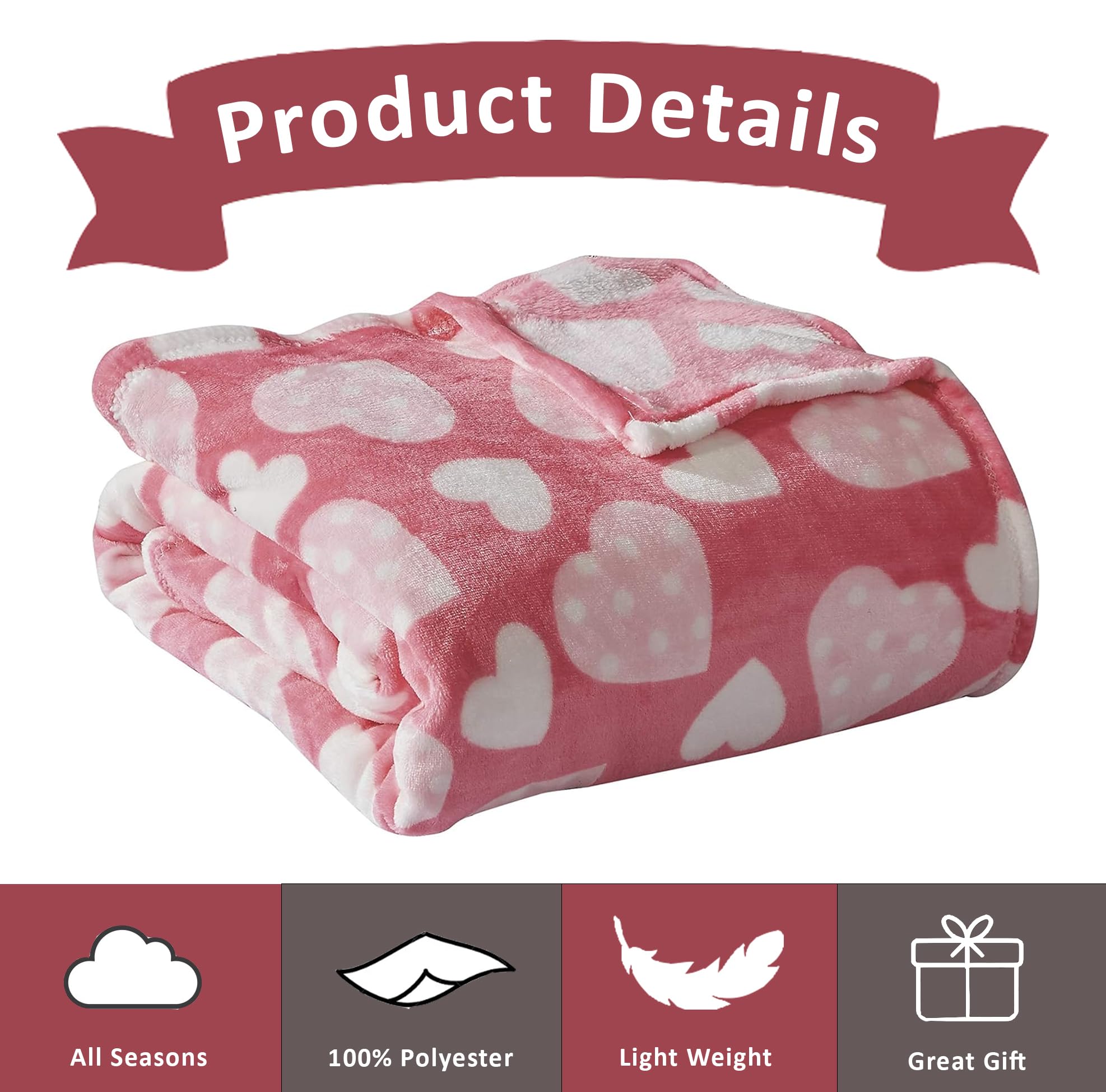 Valentine's Day Heart Fleece Blanket - Soft Pink Cozy Throw with Decorative Hearts for Kids & Adults - 50