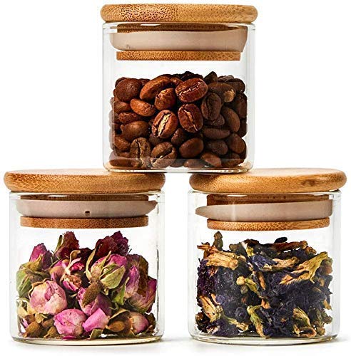 220ml Glass Jars with Bamboo Wooden Lids - 3-Piece Airtight Food Storage Containers Set for Spices, Coffee, Tea & Kitchen Organization (BPA-Free)