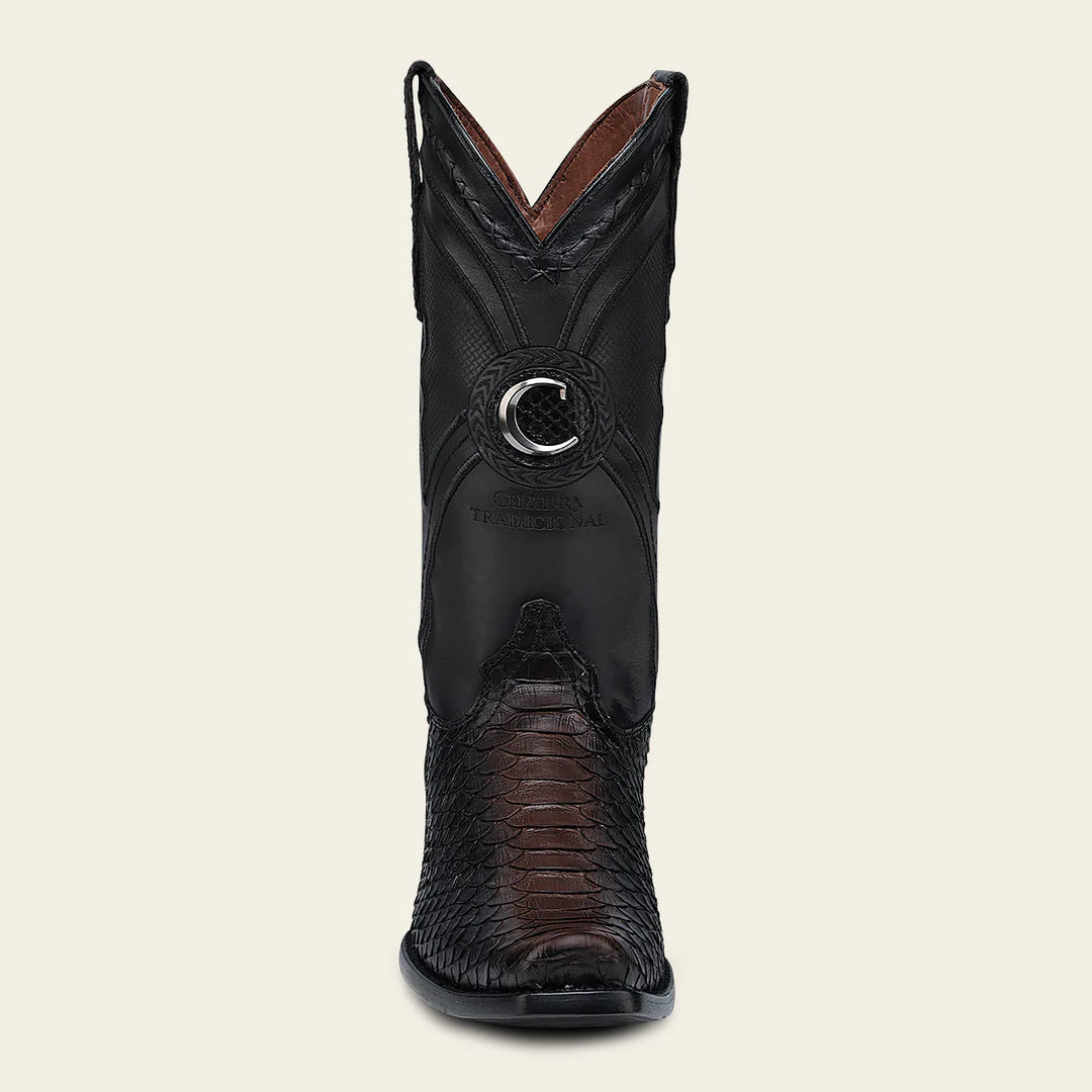 1J0APH Genuine Python Skin Western Cowboy Boots for Men - Premium Chocolate Brown Leather Rodeo & Country Style Footwear for Riding, Dancing & Outdoor Adventures