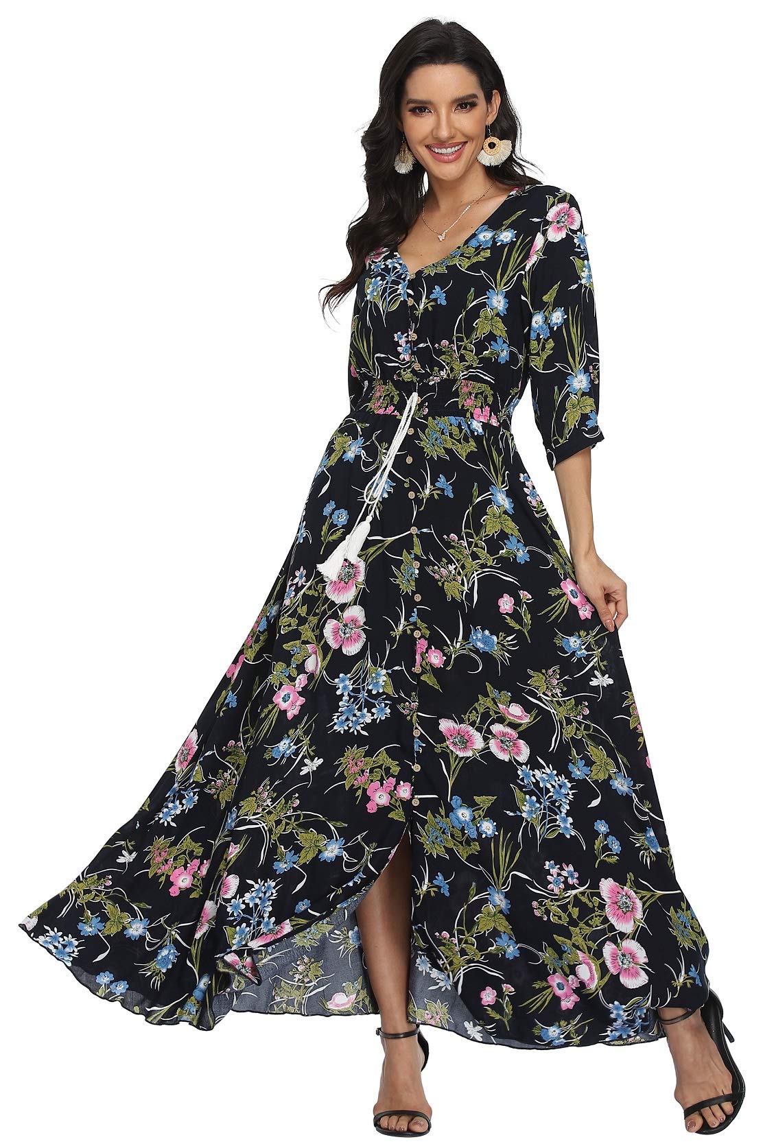 Vintage Floral Maxi Dresses for Women - Long Sleeve Bohemian Beach Dress with Flowy Silhouette | Perfect for Summer Vacations, Music Festivals & Boho Chic Outfits