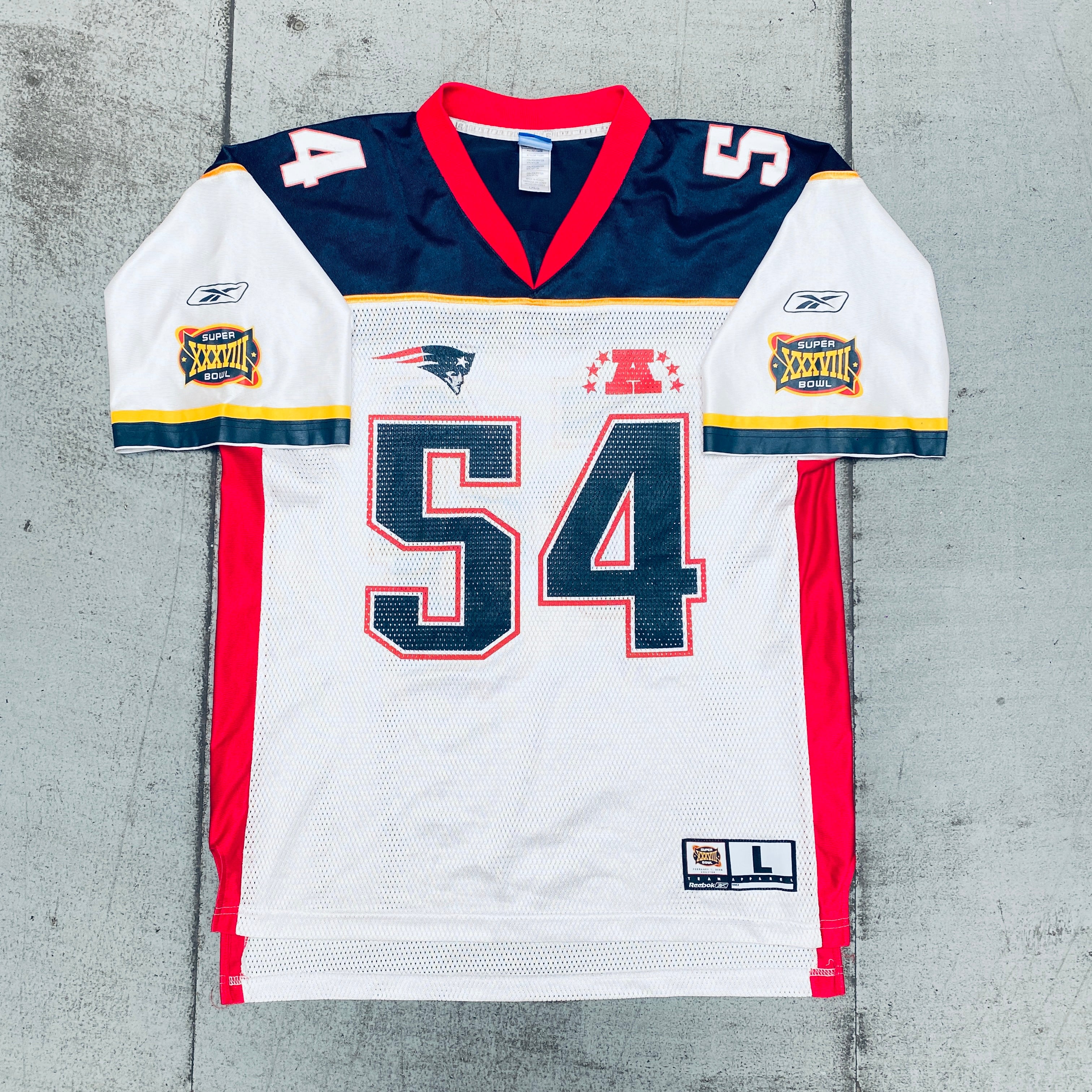 New England Patriots Tedy Bruschi 2004 Super Bowl XXXVIII Replica Fan Jersey - Size Large - Perfect for Game Day, Tailgating & Patriots Fan Collection