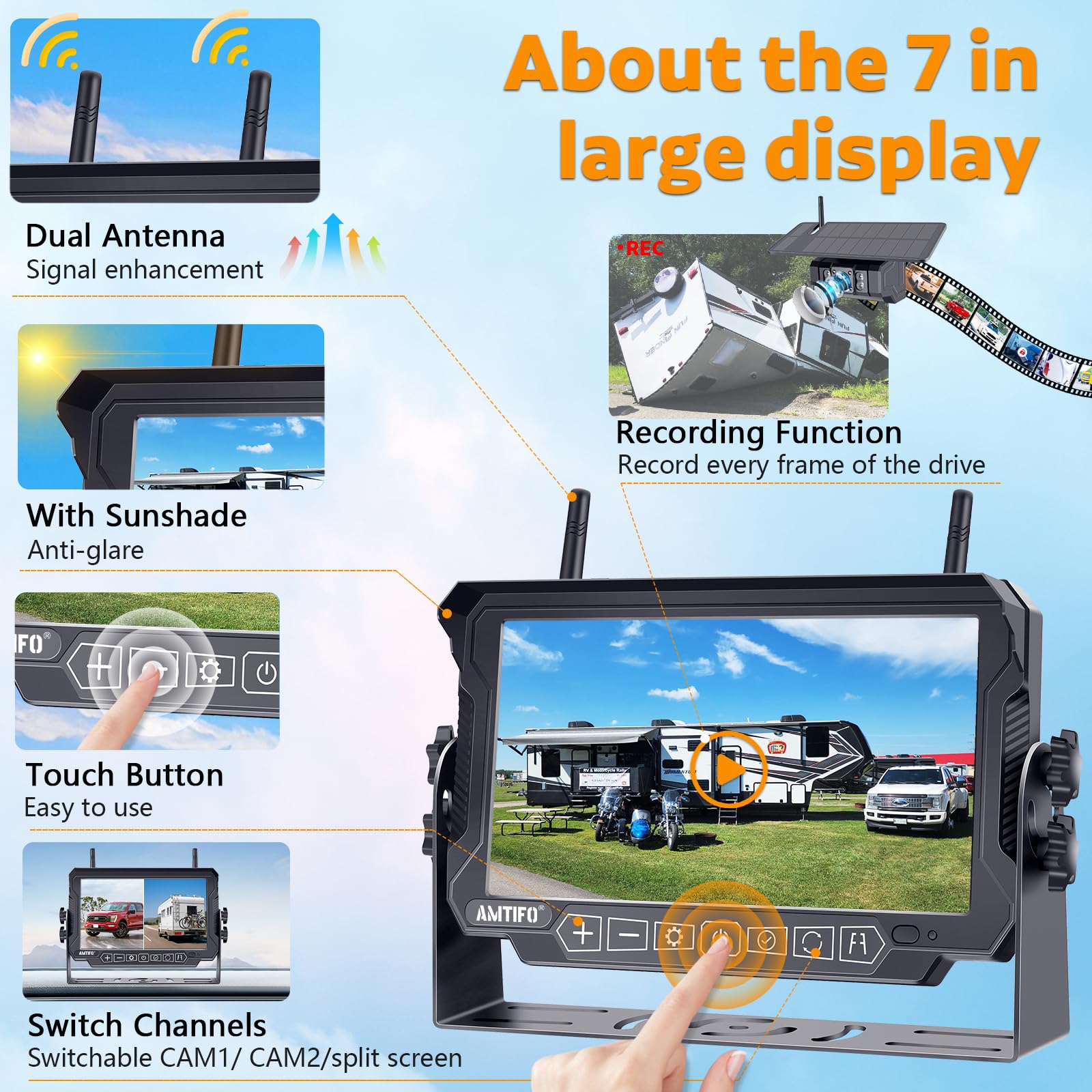 AMTIFO A9 Wireless RV Backup Camera System - 7 Inch Solar Reverse Camera with 2 Magnetic Shockproof Cameras & Iron Brackets for Trailer Trucks | Stable Signal Recording | Easy Install-Free Setup for Safe Parking & Reversing