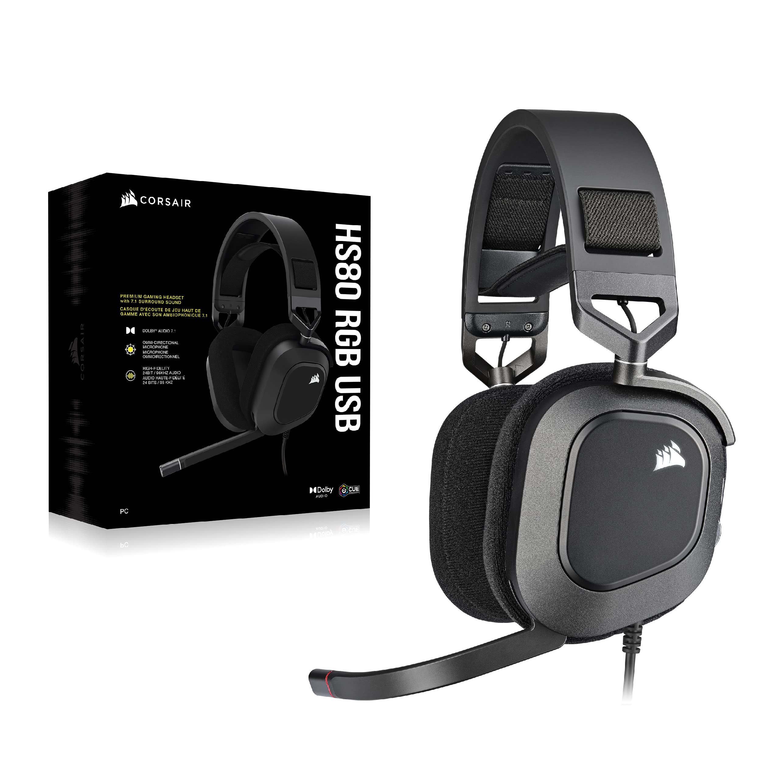 Corsair HS80 RGB USB Premium Gaming Headset with Dolby Audio 7.1 Surround Sound - Broadcast-Grade Omni-Directional Mic, Memory Foam Earpads, Hi-Fi Sound for PC, PS5, Xbox - Perfect for Streaming, Esports & Long Gaming Sessions (Carbon)
