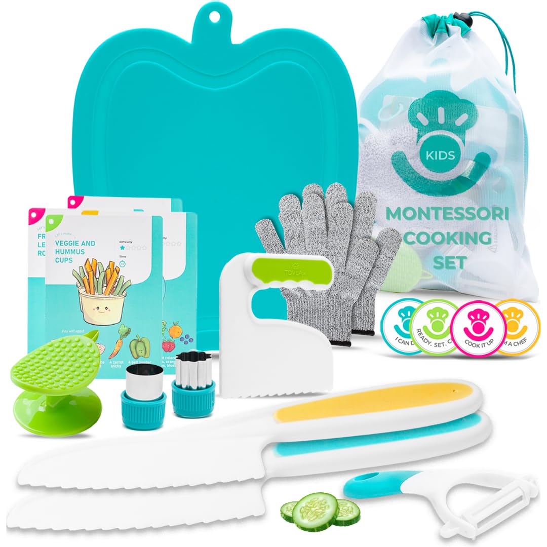 Tovla Jr Kids Montessori Cooking Tools Set - Safe Kitchen Knives for Children with Cutting Board, Vegetable Peeler & Gloves - Perfect Gift for Toddlers Learning to Cook - Ideal for Family Cooking Activities and Montessori Education