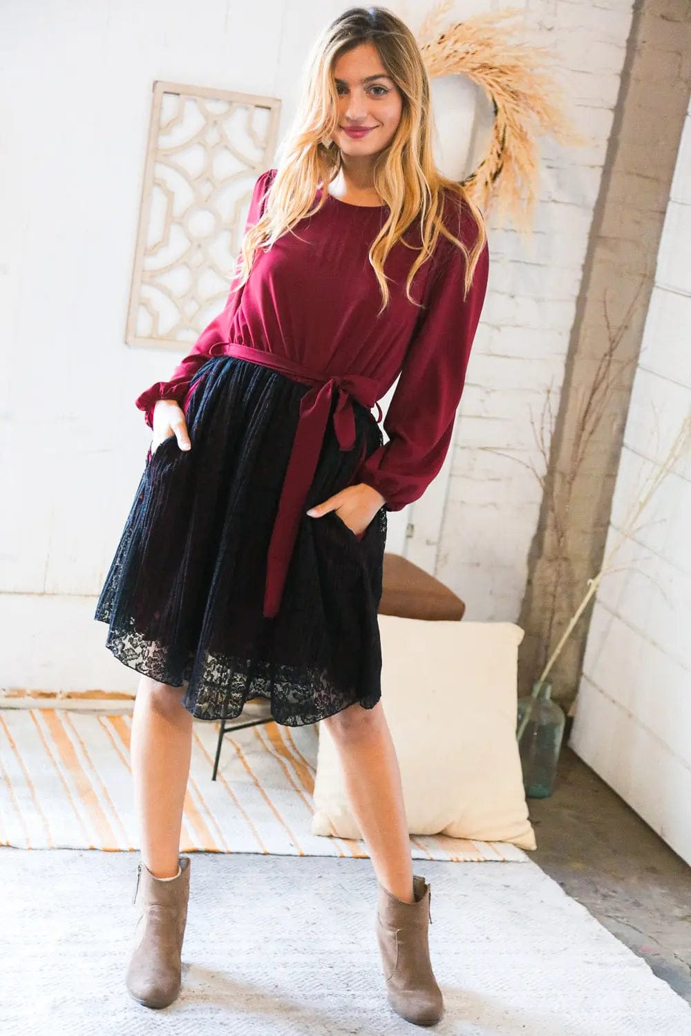 Elegant Maroon & Black Lace Overlay Sash Tie Dress for Women - Perfect for Cocktail Parties, Weddings & Special Occasions