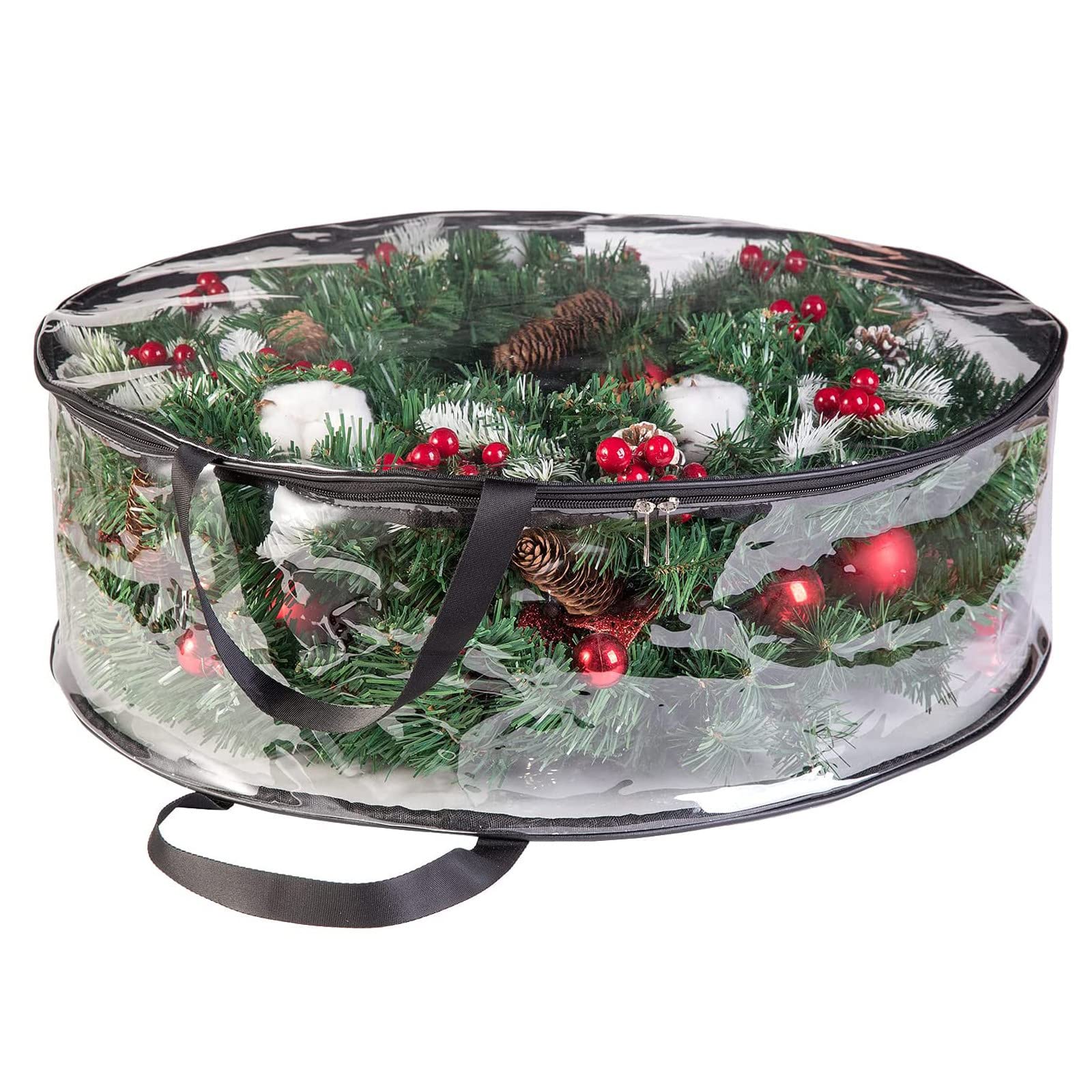 24 Inch Clear Christmas Wreath Storage Box with Heavy Duty Handle & Transparent Window - Holiday Garland Organizer for Xmas Decorations (Perfect for Attic, Basement or Closet Storage)