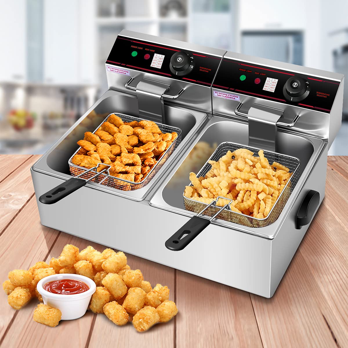 Giantex 3400W Commercial Dual Tank Deep Fryer - 12.8QT Stainless Steel Electric Fryer with 2 Baskets, Lids & Temperature Control - Perfect for French Fries, Chicken, Turkey in Restaurants & Home Kitchens