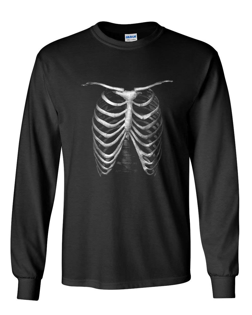 Glow in The Dark Skeleton T-Shirt for Men & Women - Long Sleeve Rib Cage Halloween Costume Top - Xray Bone Print Tee for Parties, Raves & Cosplay