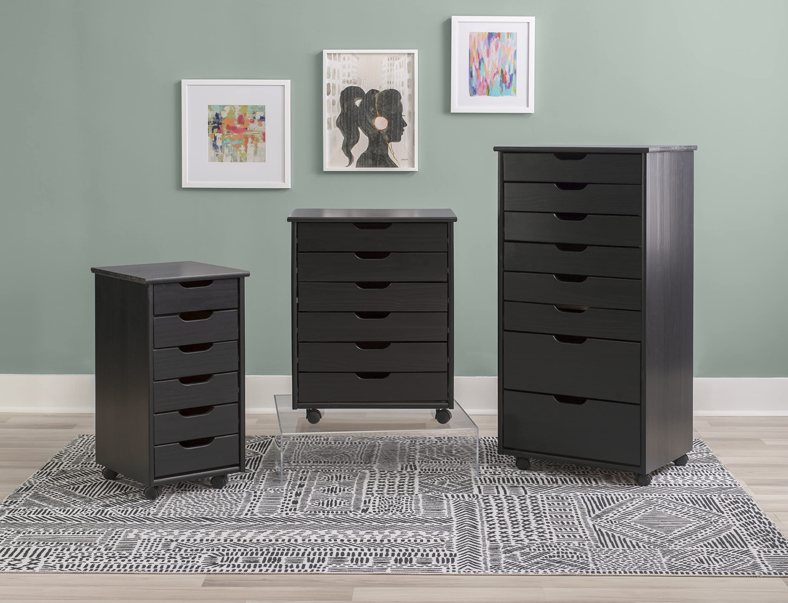 Linon Corinne Black 6-Drawer Wide Rolling Storage Cart - Perfect for Home, Office, and Craft Room Organization