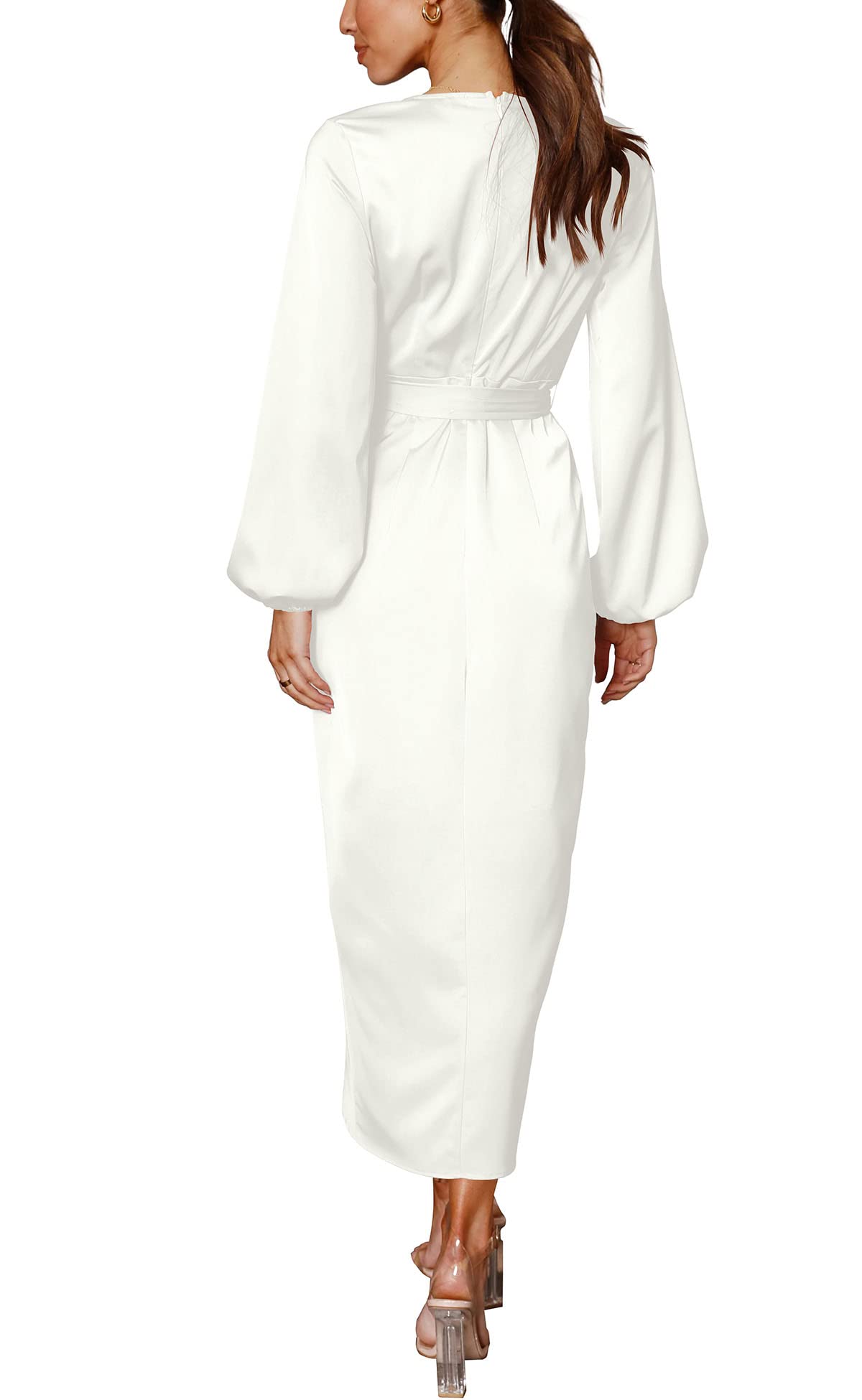 Women's Satin Deep V-Neck Long Sleeve Tie Waist Split Midi Dress - Elegant Evening Party, Cocktail, Wedding Guest & Date Night Outfit