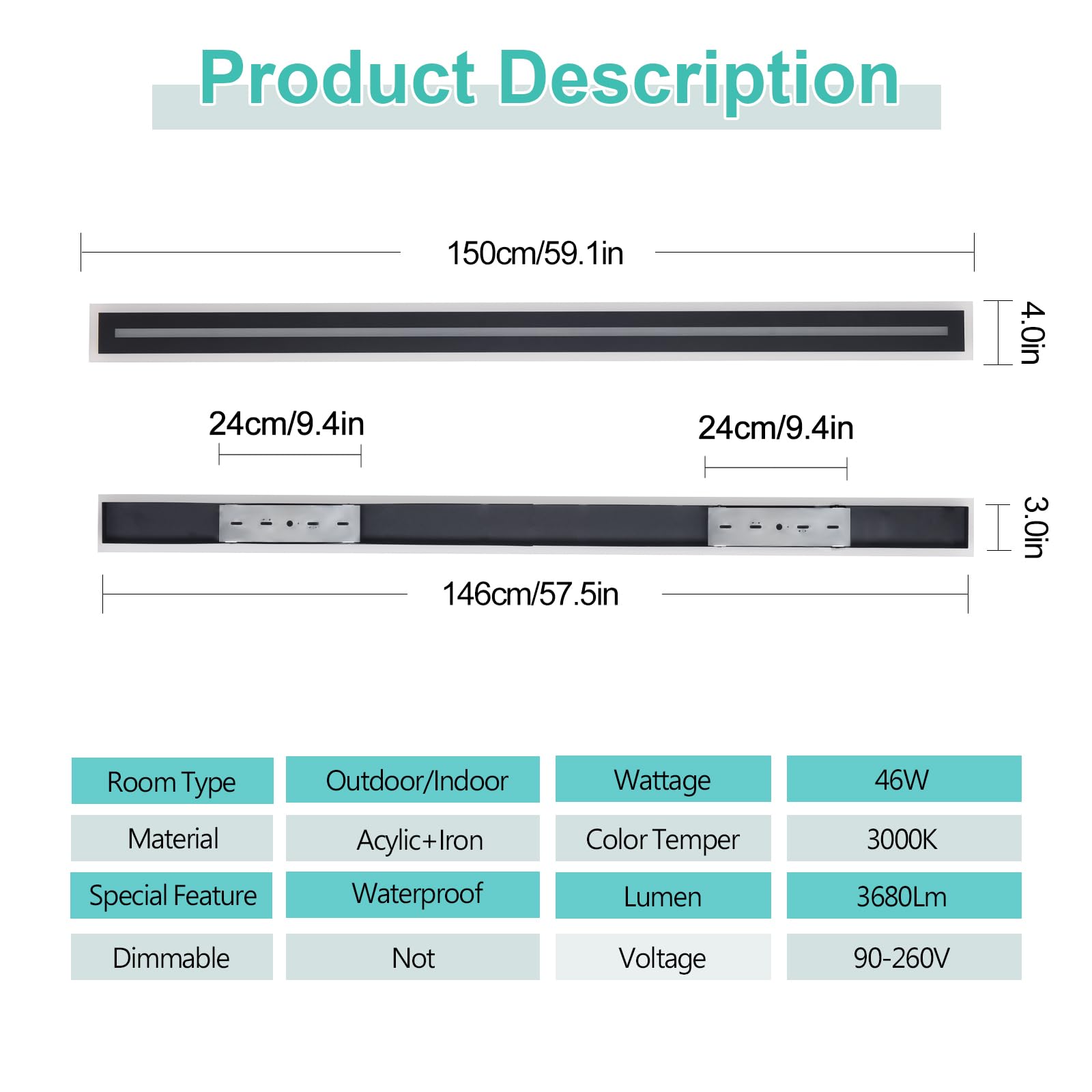 59 Inch Modern Outdoor LED Wall Light - 46W IP65 Waterproof Exterior Light Fixture - Perfect for Patio, Garden, Garage, Porch, and Backyard Lighting