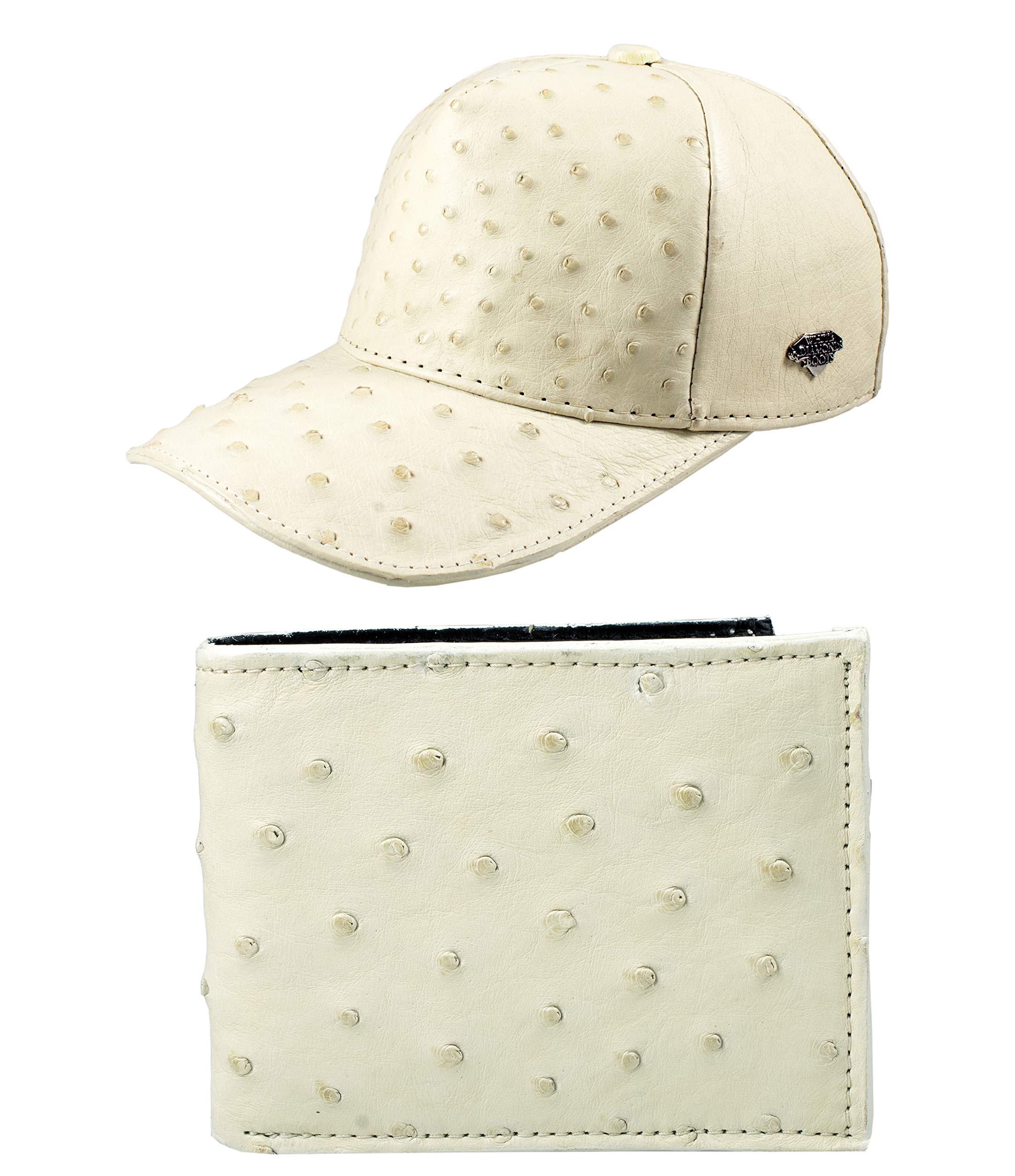 Genuine Ostrich Leather Cap & Wallet Set in Bone Color - Premium Exotic Leather Hat and Matching Wallet for Men - Perfect for Outdoor Adventures, Travel, and Fashion Accessories