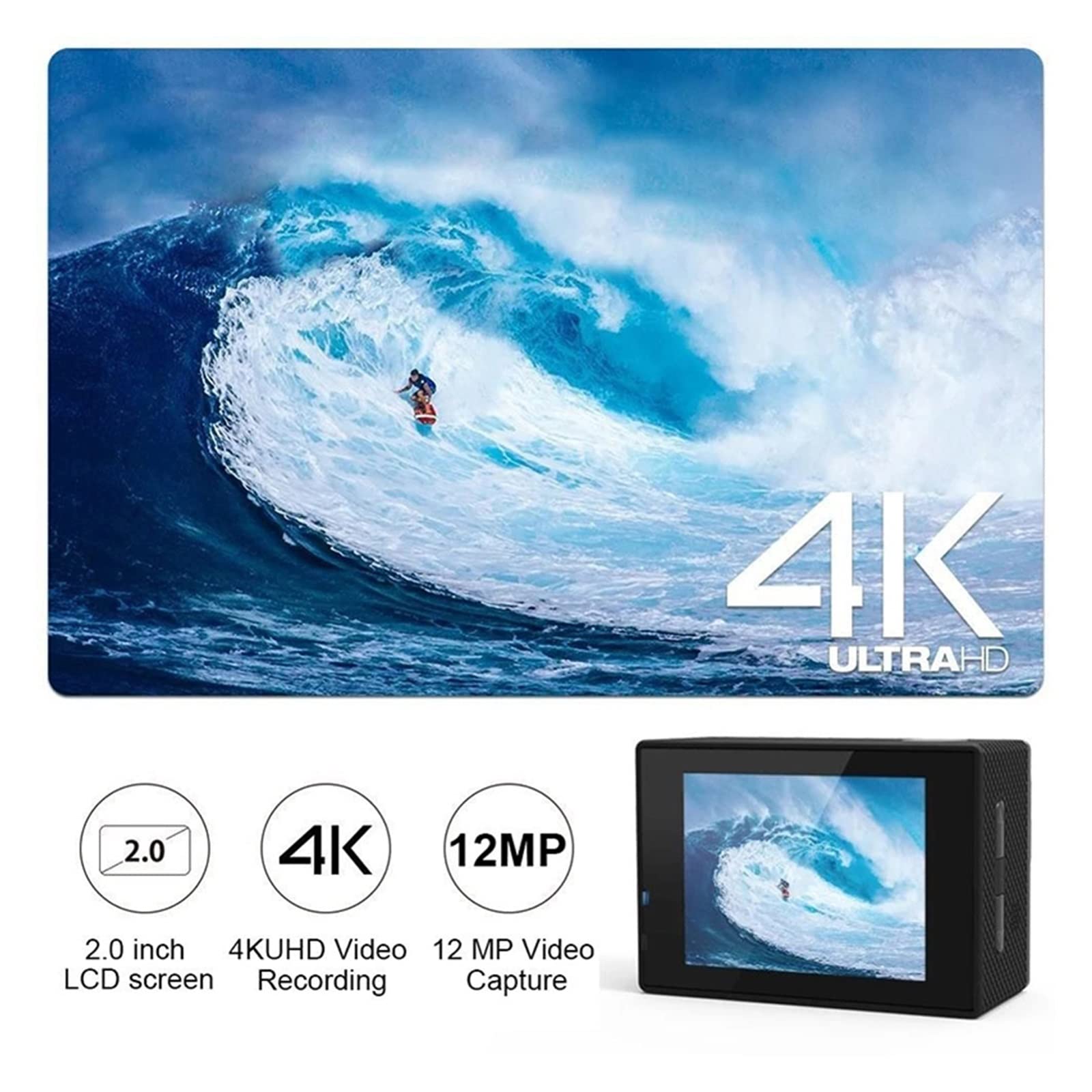 4K Action Camera with Stabilization - Waterproof Sports Camera for Outdoor & Underwater Recording