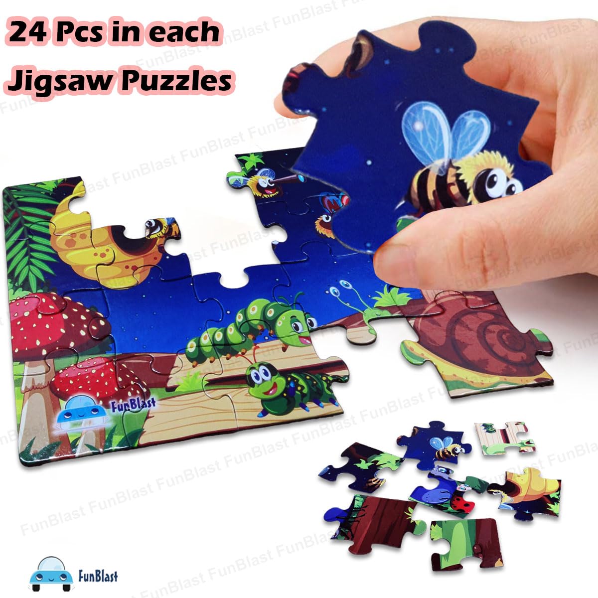 FunBlast Kids Jigsaw Puzzles - 4 Pack Educational Floor Puzzles (30x22cm) with Insects Theme, 96 Pieces Total - Learning Toys for Toddlers & Children | Perfect for Classroom, Birthday Gifts & Family Game Night