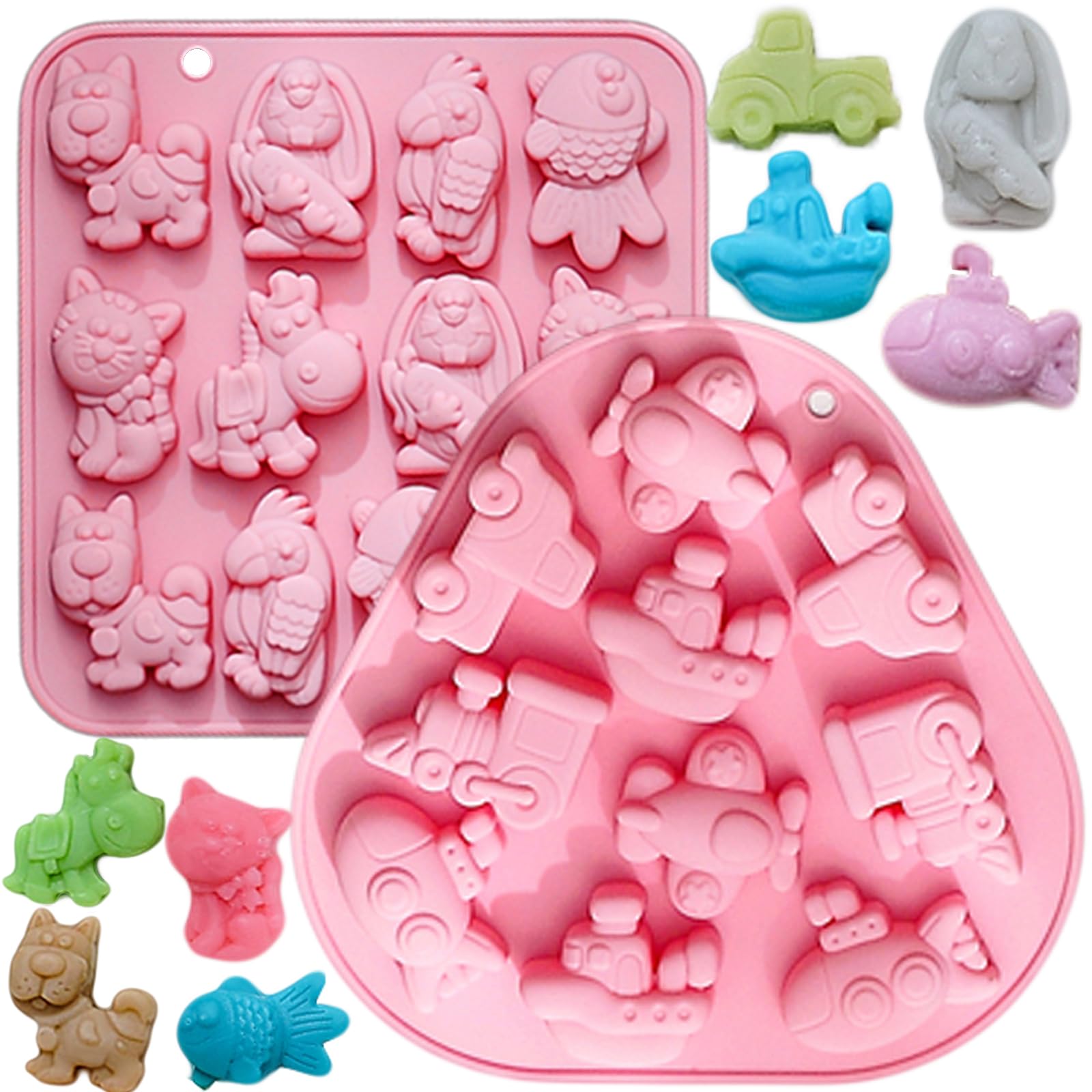 2-Piece 3D Animal Silicone Molds Set for Chocolate, Candy, Gummy, Jello, Soap Making - Dog, Cat, Fish & Transportation Designs (Train, Airplane) - Perfect for Kids Baking, DIY Crafts & Party Treats