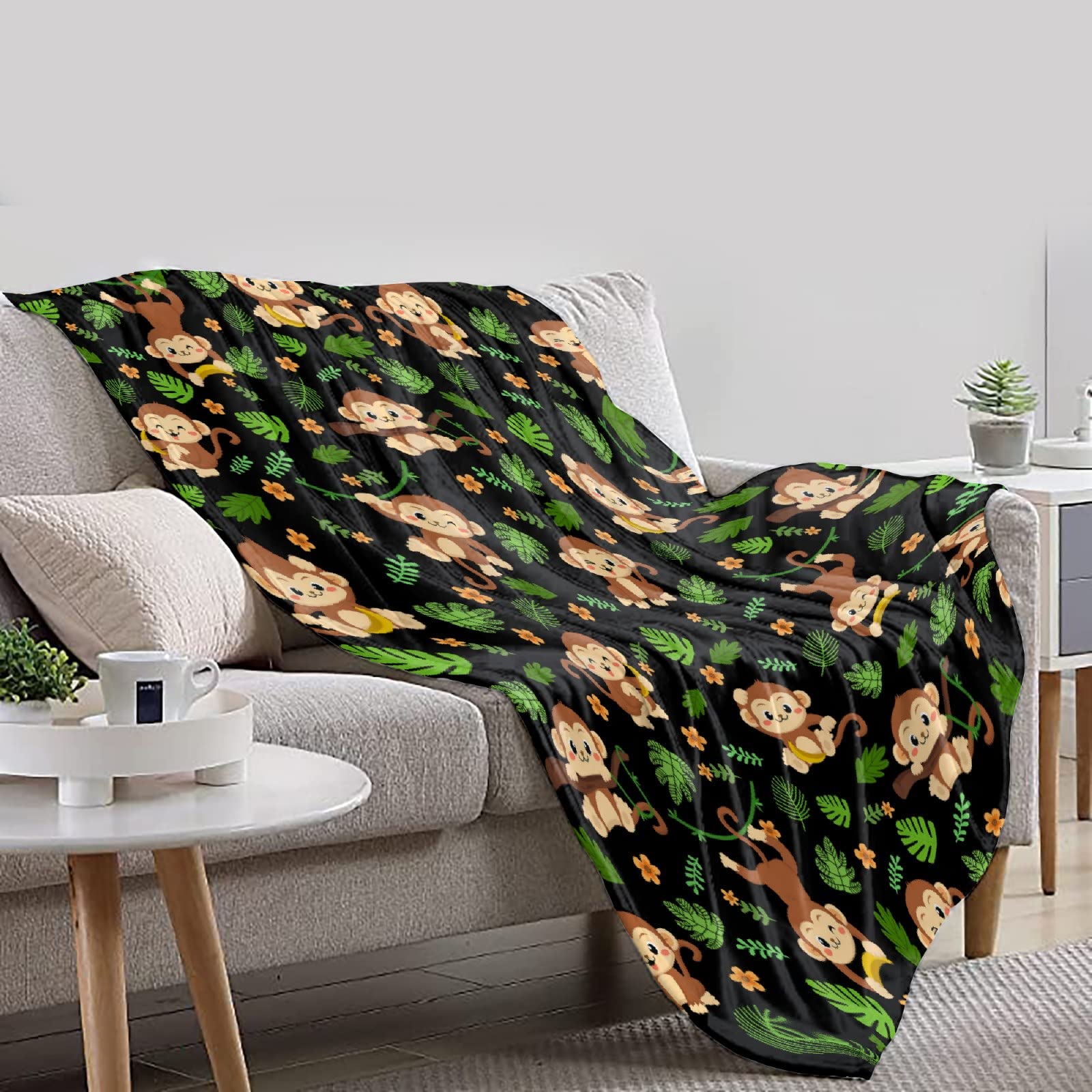 Soft Plush Monkey Print Blanket - XL 120x90 Inch Lightweight Animal Throw for Bed, Sofa & Couch - Cozy Home Decor Gift for Men & Women - Perfect for Family Movie Nights, Camping & Winter Snuggles
