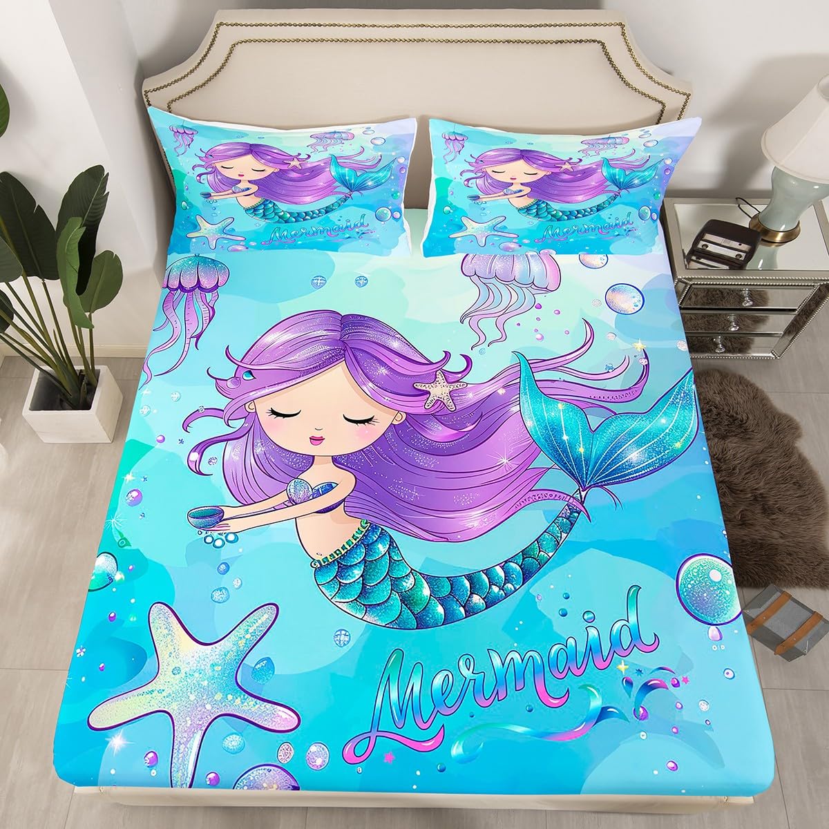 Erosebridal Queen Size Mermaid Bed Sheet Set - 4 Piece Ocean Themed Tie Dye Sheets with Starfish & Jellyfish Print, Includes Fitted Sheet, Flat Sheet & 2 Pillowcases (Blue Purple) - Perfect for Kids Rooms, Beach Themed Decor & Mermaid Lovers