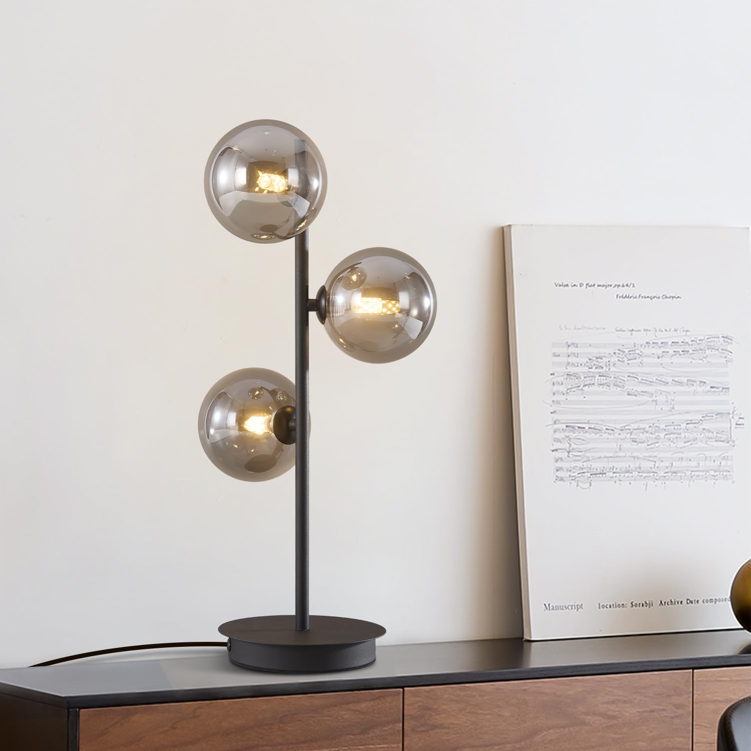 Vintage Mid Century Modern Globe Table Lamp - 3-Light Gold Desk Lamp with White Glass Shade, Contemporary Lighting for Bedroom, Living Room & Study - Smoky Grey - Perfect for Reading, Working & Home Decor
