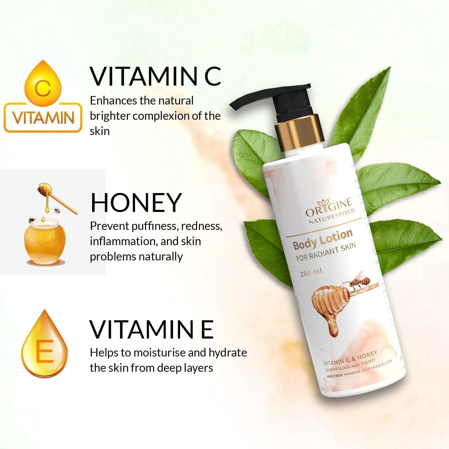 Naturespired Vitamin E, Lemon & Honey Body Lotion for Radiant & Glowing Skin | Paraben-Free Hydrating Moisturizer | 200ml | Perfect for Daily Skincare Routine & Post-Shower Hydration