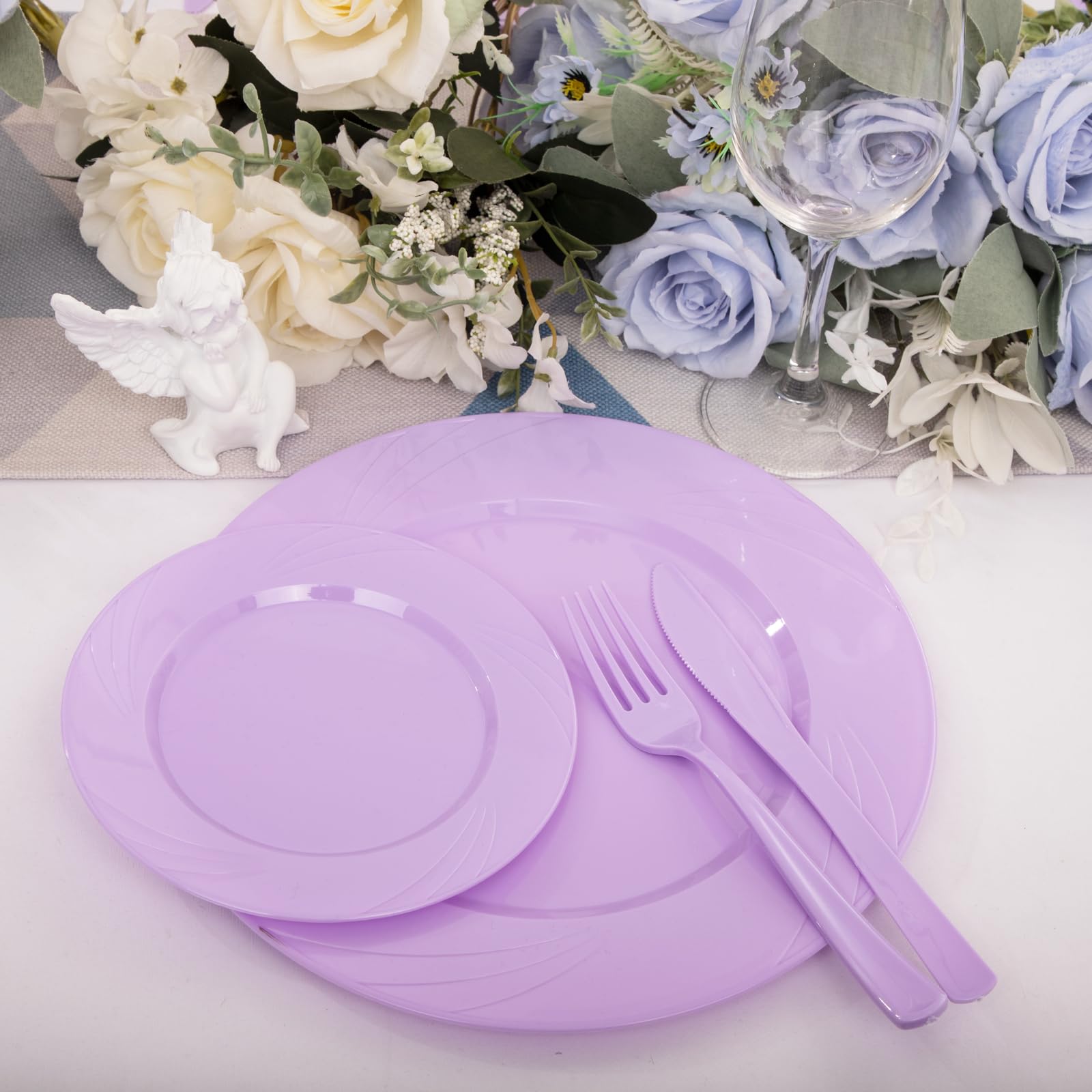 125-Piece Purple Plastic Dinnerware Set - 25 Lavender Plates, 25 Dessert Plates, 25 Forks, 25 Knives, 25 Spoons - Disposable Tableware for Wedding, Birthday Party, Mardi Gras, Picnic & Outdoor Events