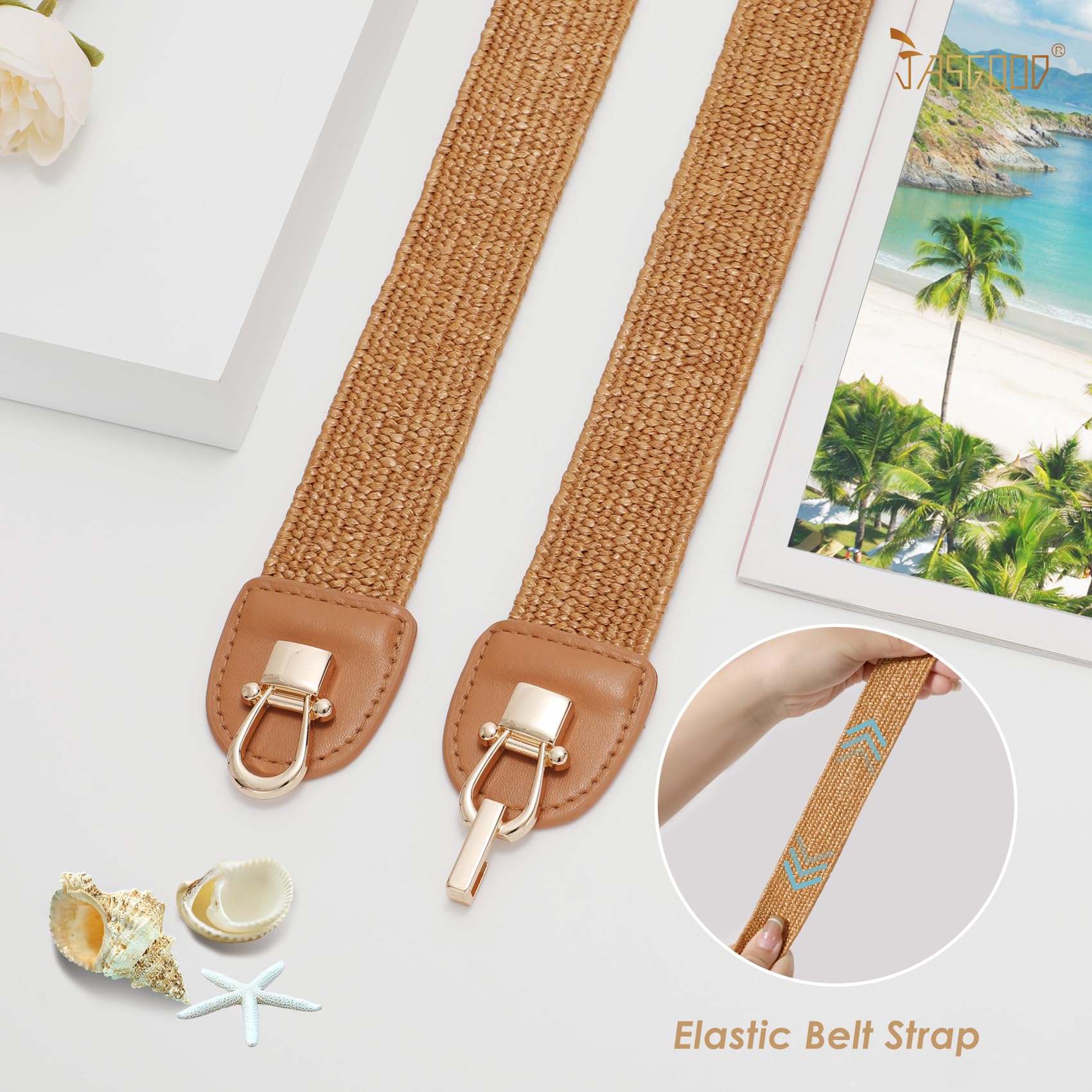 JASGOOD Women's Stretchy Boho Braided Skinny Belt - Elastic Waist Belt with Straw Woven Design for Dresses, Skirts & Summer Outfits | Perfect for Casual, Beach & Boho Fashion Styles