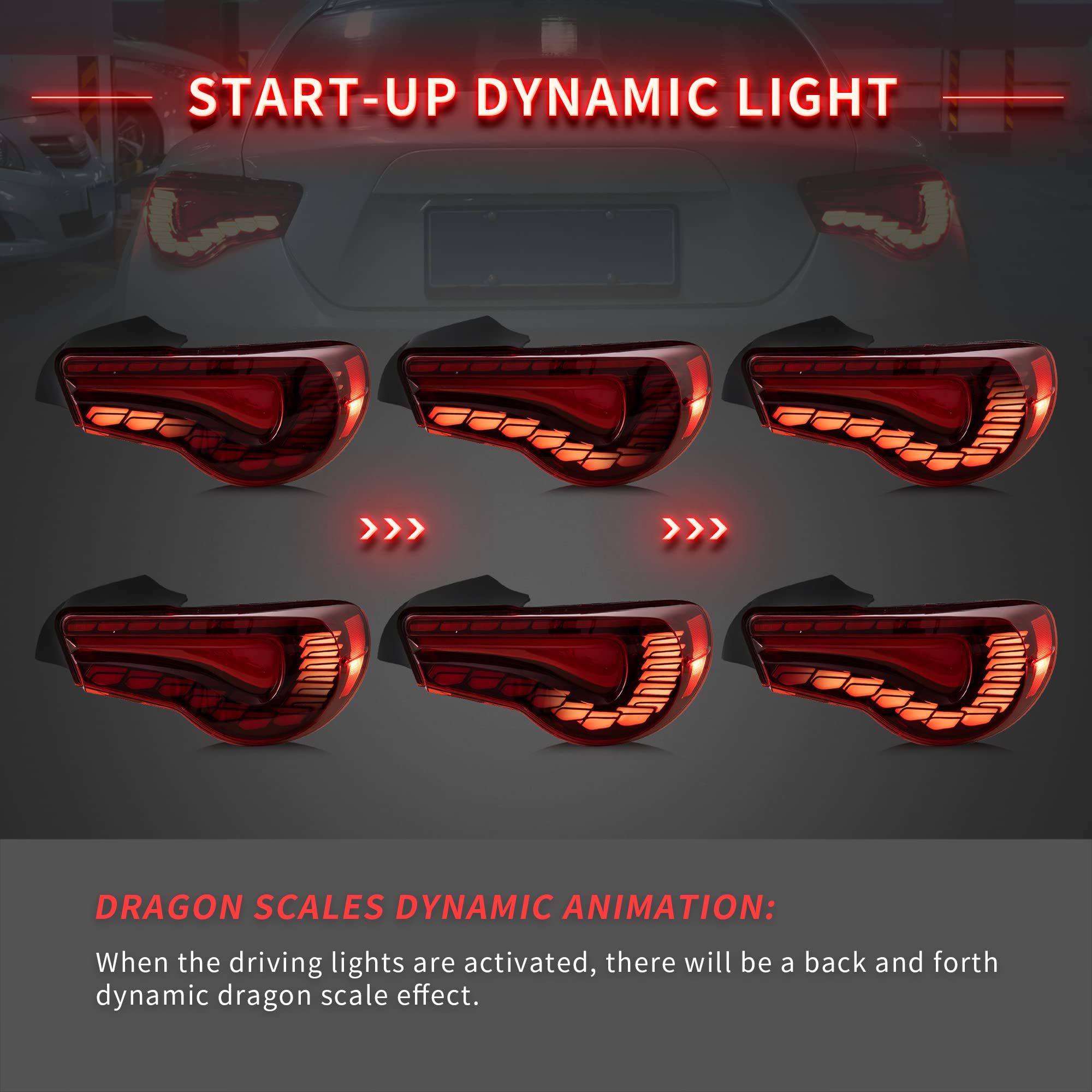 VLAND OLED Red Tail Lights for Toyota 86 GT86 2012-2020, Subaru BRZ 2013-2020, Scion FR-S 2013-2020 - Dragon Scales Dynamic Running Lights with Sequential Turn Signals - Perfect for Car Enthusiasts & Night Driving Upgrades