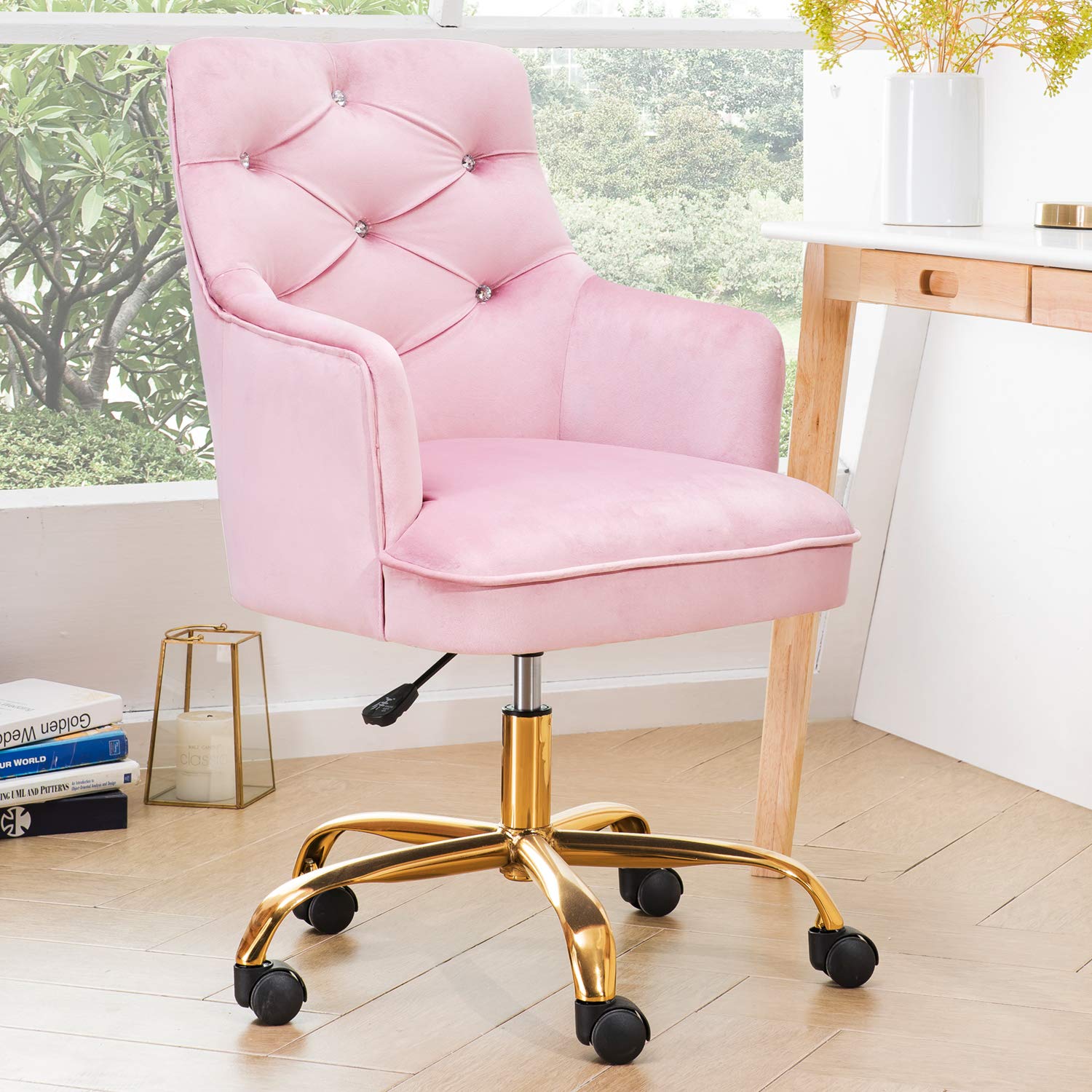Luxury Velvet Office Chair for Women - Modern Plush Desk Chair with Golden Base, Ergonomic Vanity & Task Chair for Home & Office (Pink-Gold) - Perfect for Workspaces, Gaming Setups & Beauty Stations
