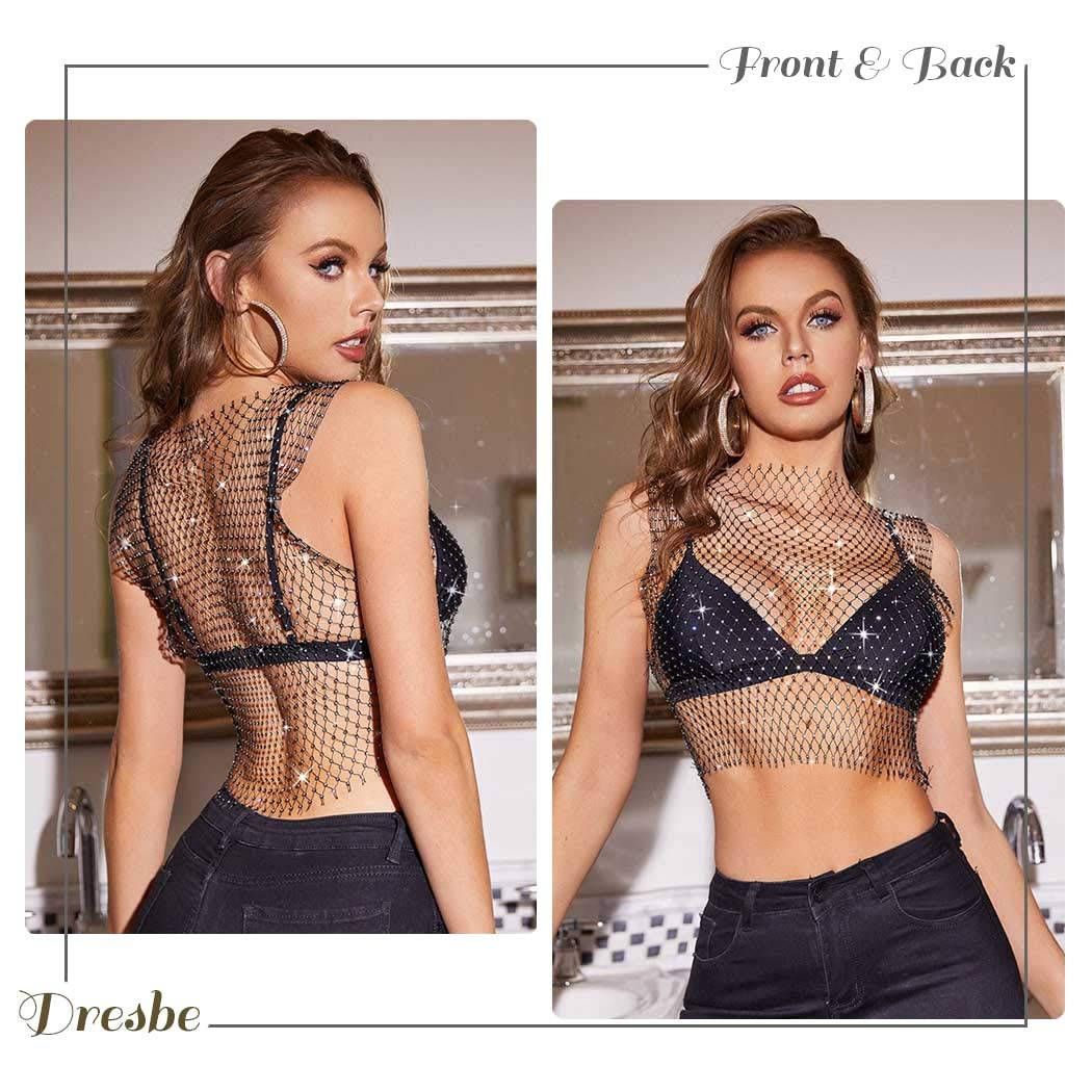 Sparkling Rhinestone Mesh Body Chains & Hollow Tank Tops - Sexy Bikini Crop Tops for Women | Perfect for Beach Parties, Music Festivals & Nightclub Outfits