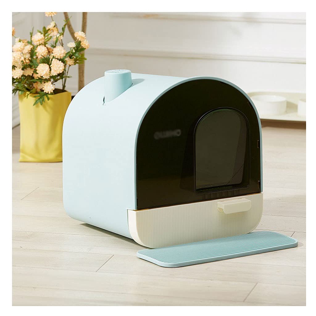 Enclosed Cat Litter Box with Drawer - Large Round Clamshell Design for Easy Cleaning - Blue Cat Toilet for Indoor Cats - Perfect for Small Apartments & Multi-Cat Homes