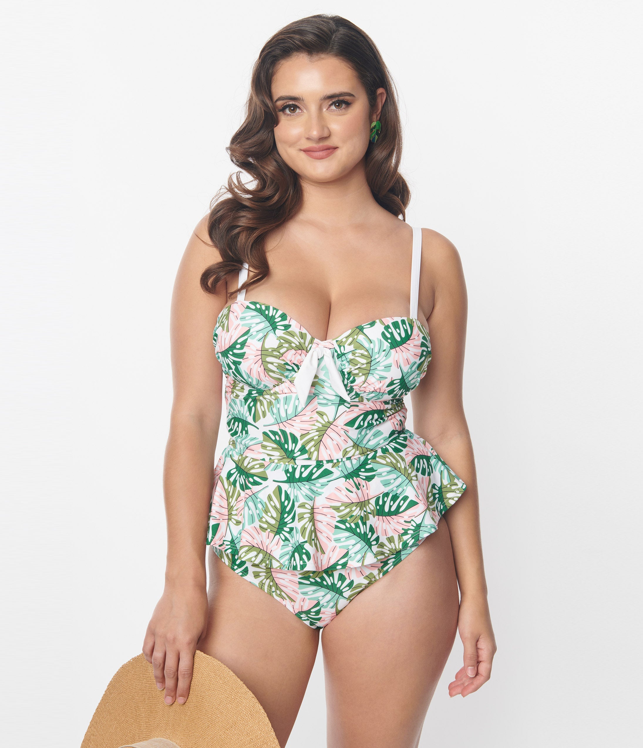 Vintage Green & Pink Monstera Leaf Print Solana Tankini Swim Top - Perfect for Beach, Pool, and Summer Vacations
