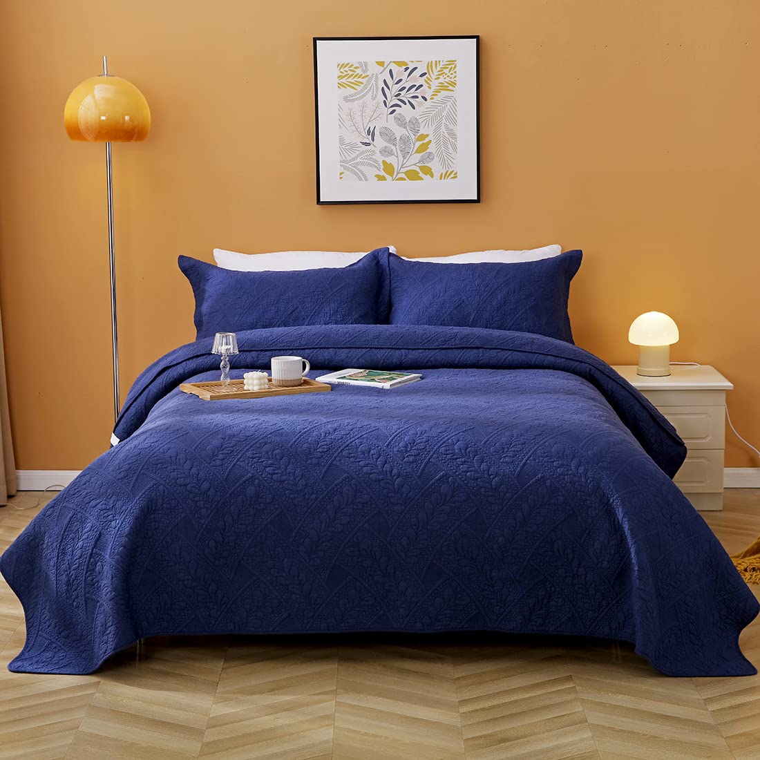 VCTOPS 3-Piece Cotton Quilt Set with Floral Embroidery - Queen Size Navy Blue Bedspread Coverlet Comforter with 2 Pillow Shams | Soft & Breathable Bedding for Master Bedroom, Guest Room & Dorm Decor