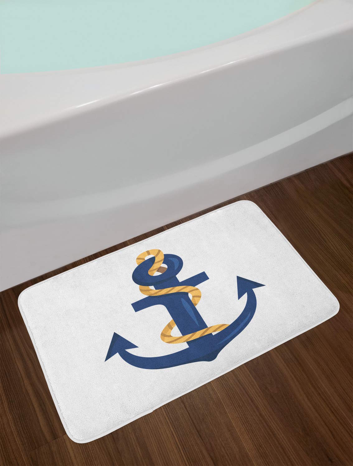 Ambesonne Nautical Anchor Bath Mat - Non-Slip Plush Bathroom Rug with Cartoon Dark Sky Blue Anchor Design, 30.2 x 20 Inches, White & Royal Blue - Perfect for Coastal, Beach House or Nautical Theme Bathroom Decor