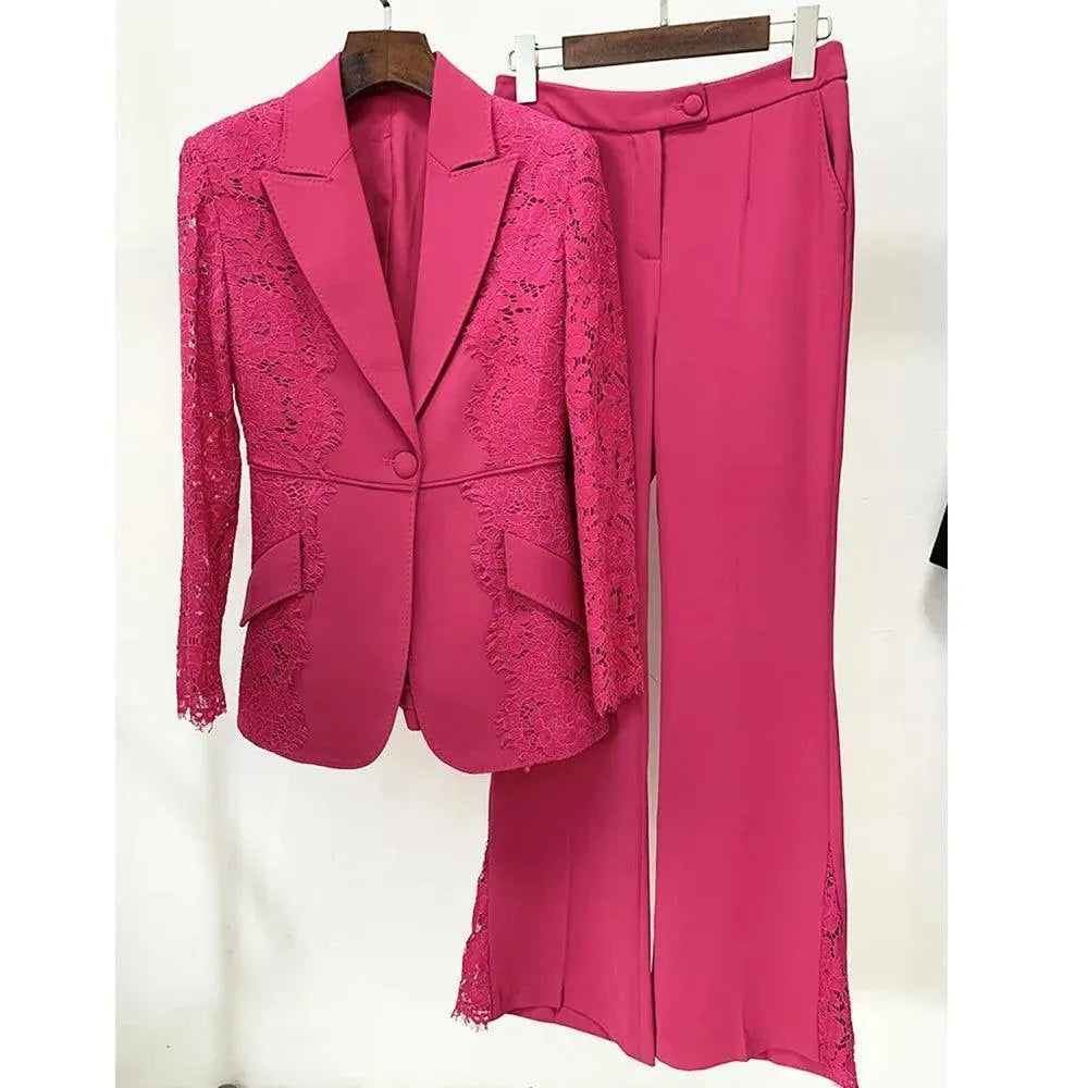 Elegant Lace Patchwork Women's Pant Suit Set with Flared Pants - Formal Office Wear & Evening Party Outfit
