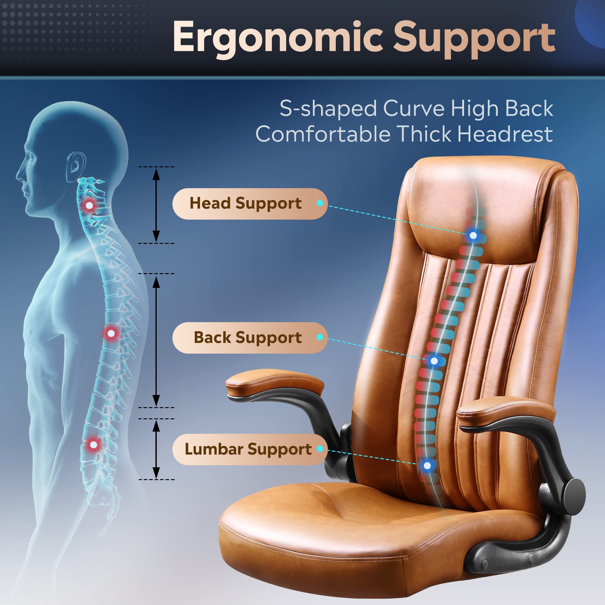 DEVAISE Ergonomic Office Chair - High Back Computer Desk Chair with Adjustable Flip-up Armrests, Lumbar Support & Thick Headrest - Executive Swivel Task Chair for Home & Office (Brown) - Perfect for Long Work Hours, Gaming & Remote Work