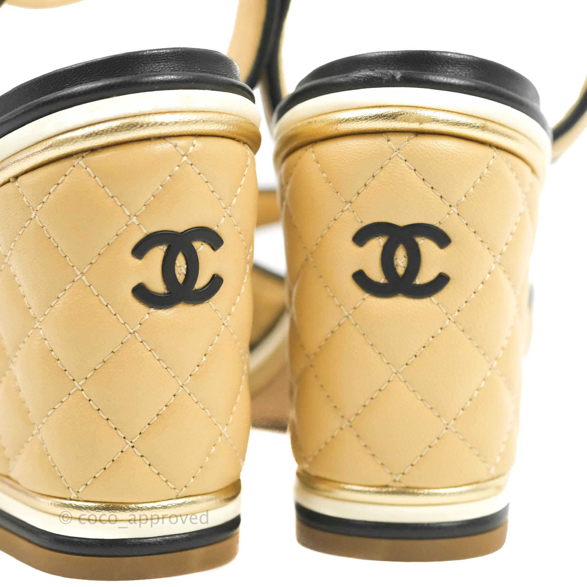 Chanel Beige & Black Quilted Leather CC Logo Block Heel Ankle Strap Sandals Size 38 - Luxury Designer Shoes for Women, Perfect for Weddings, Parties & Evening Events
