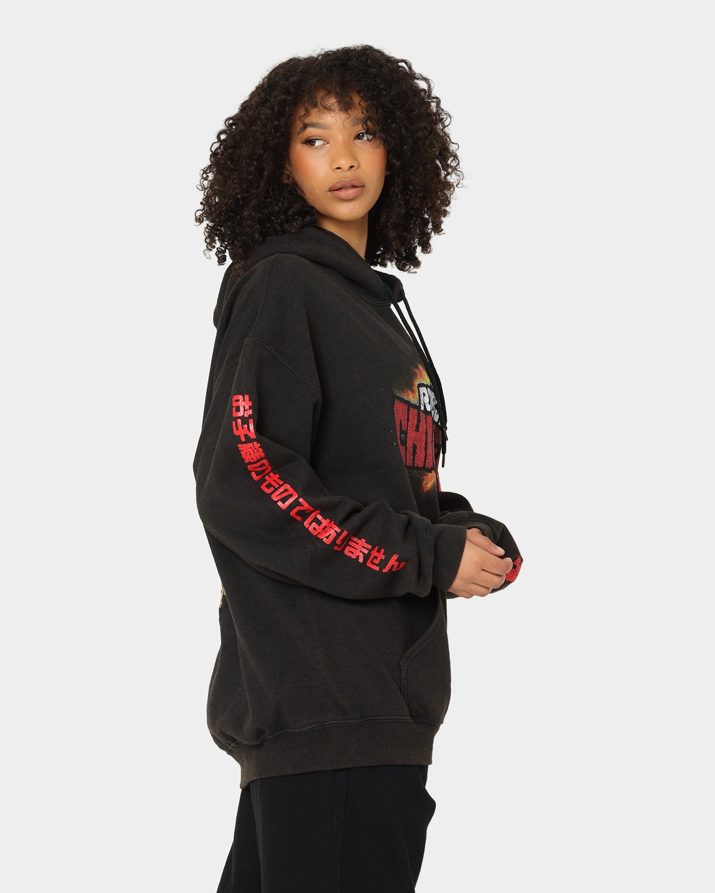 Vintage American Thrift Chicken Boom Hoodie - Black Wash Distressed Style | Retro Streetwear for Men & Women | Perfect for Casual Wear, Urban Fashion, and 90s Nostalgia Looks